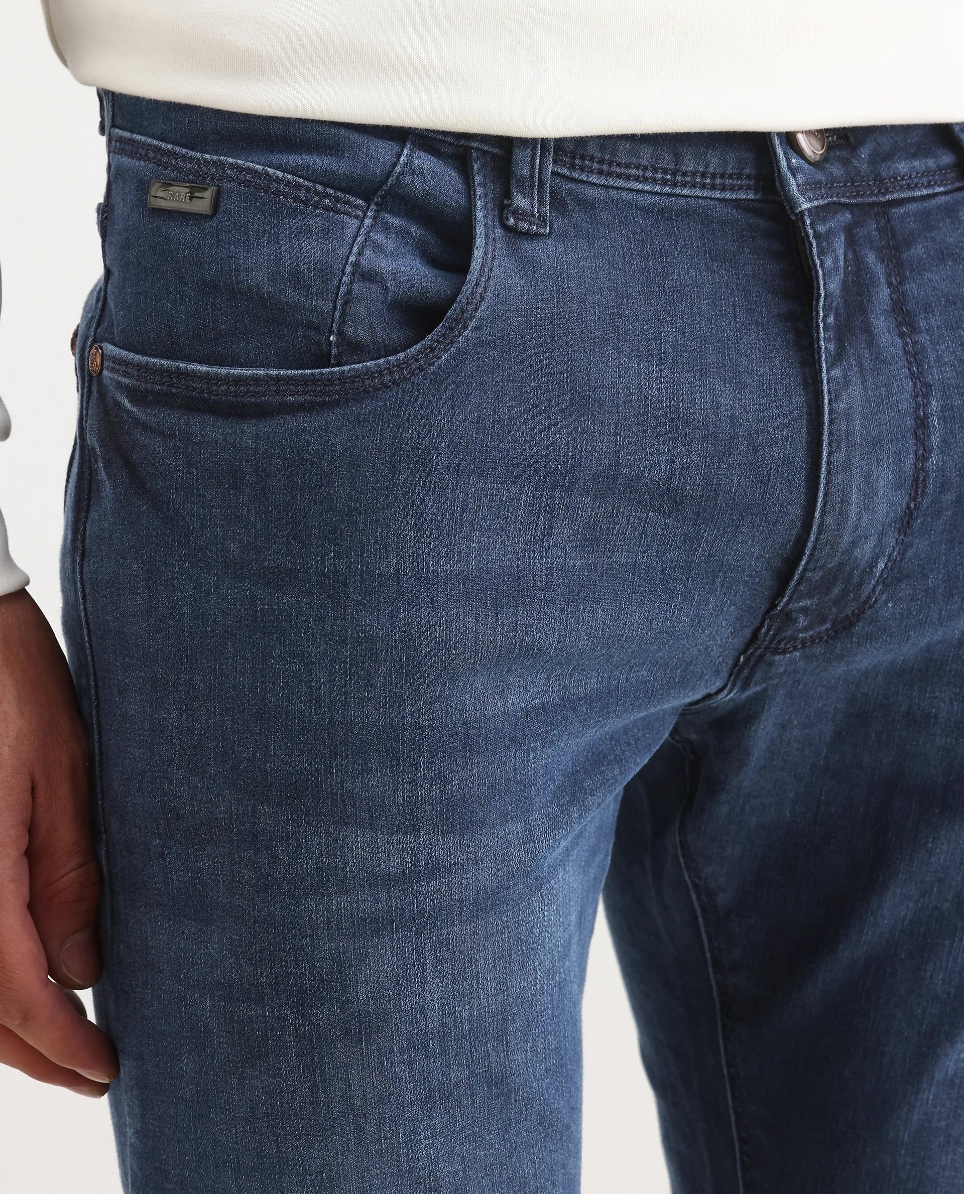 Rare Rabbit Men's Monaco Navy Cotton Plain Hawk Slim Fit Jeans