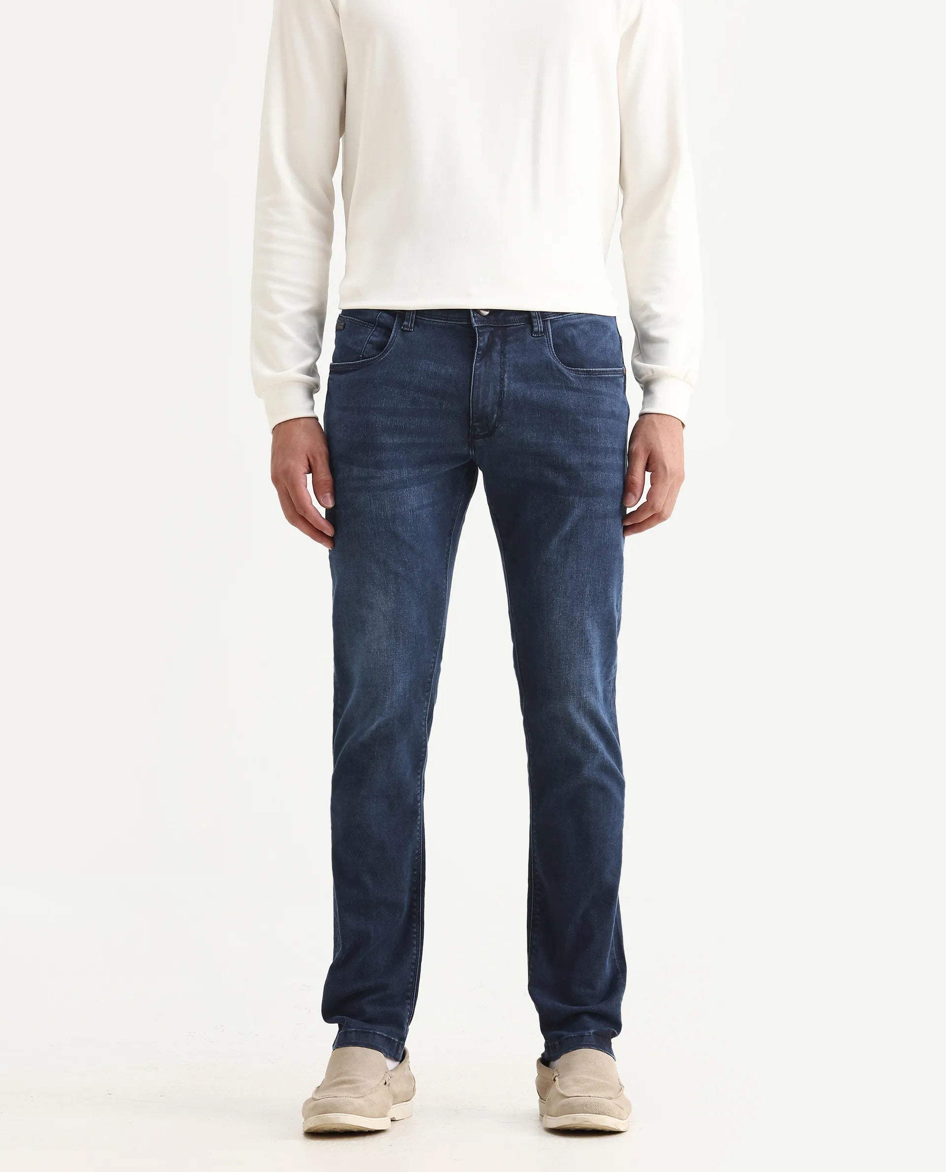 Rare Rabbit Men's Monaco Navy Cotton Plain Hawk Slim Fit Jeans