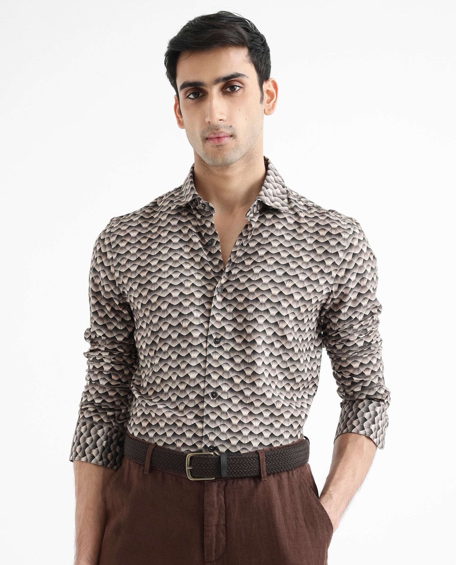 Rare Rabbit Men's Monar LS Beige Viscose Fabric Full Sleeves Regular Fit Geometric Print Shirt