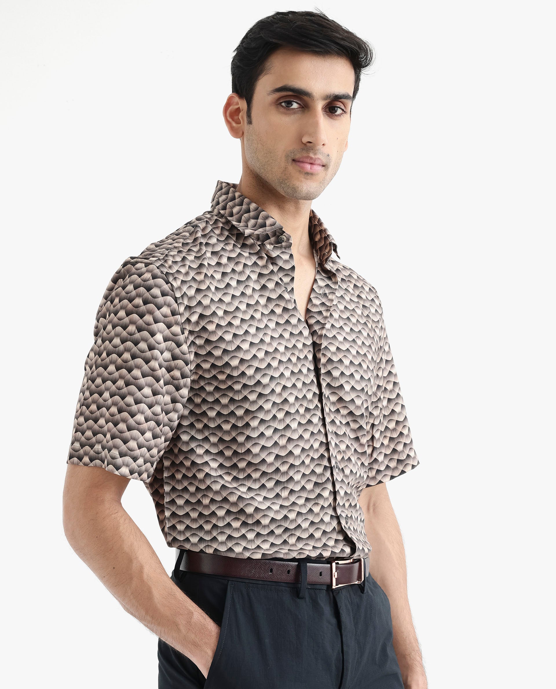 Rare Rabbit Men's Monar SS Beige Viscose Fabric Short Sleeves Boxy Fit Geometric Print Shirt
