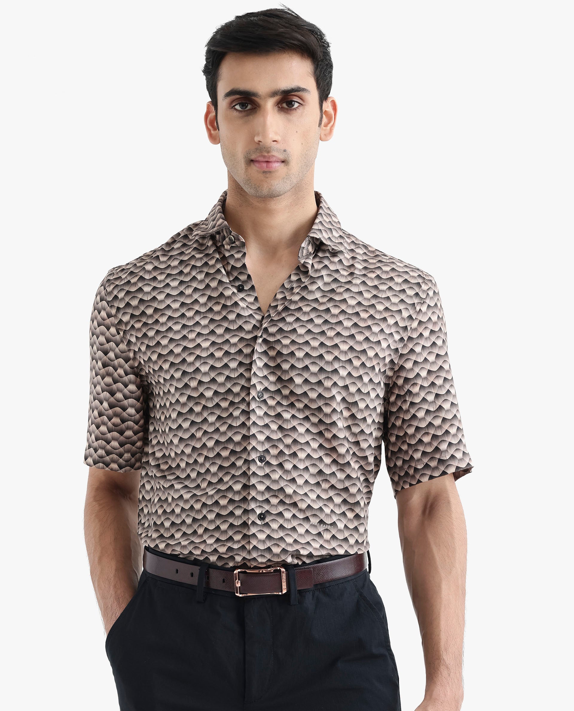 Rare Rabbit Men's Monar SS Beige Viscose Fabric Short Sleeves Boxy Fit Geometric Print Shirt