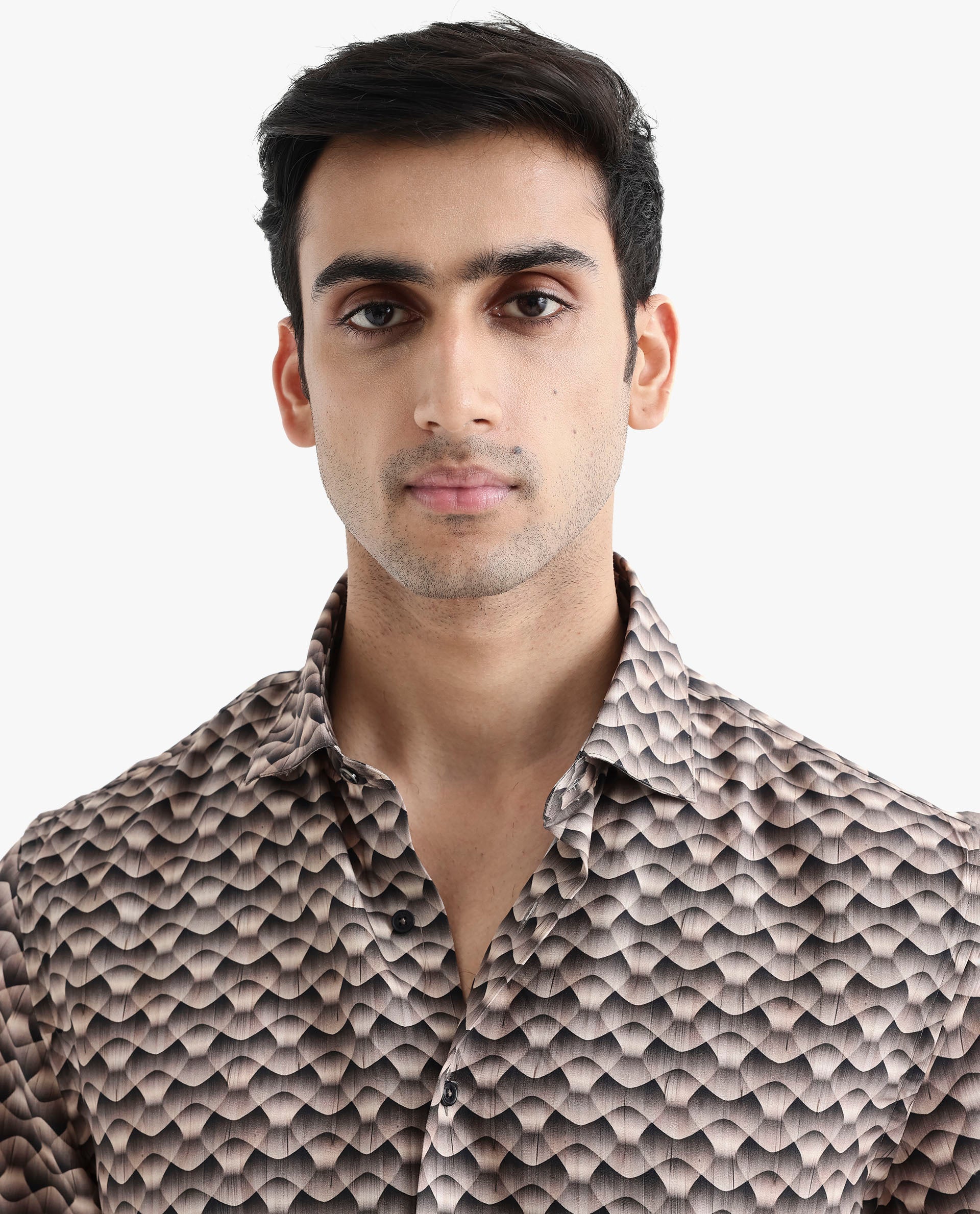 Rare Rabbit Men's Monar SS Beige Viscose Fabric Short Sleeves Boxy Fit Geometric Print Shirt