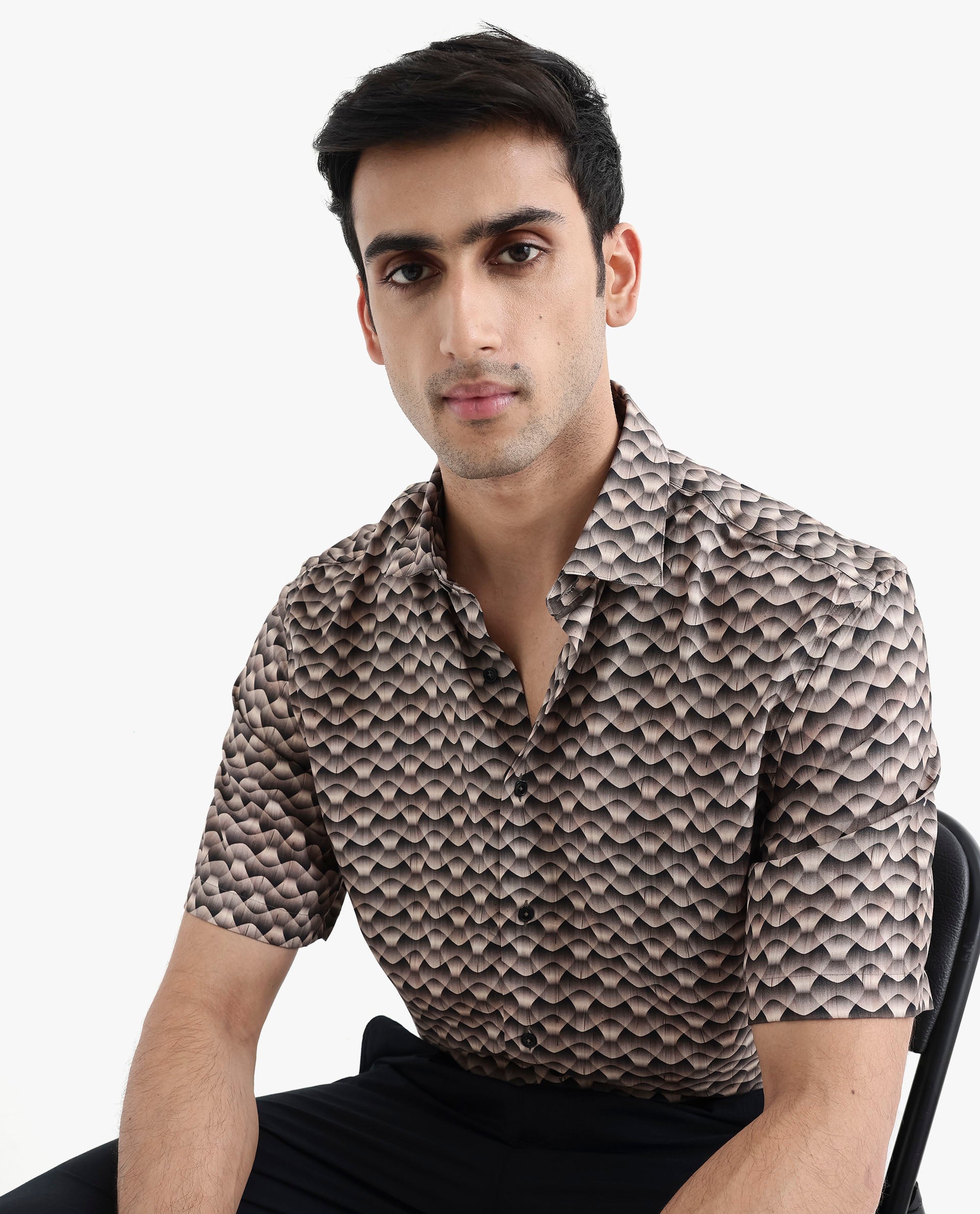 Rare Rabbit Men's Monar SS Beige Viscose Fabric Short Sleeves Boxy Fit Geometric Print Shirt