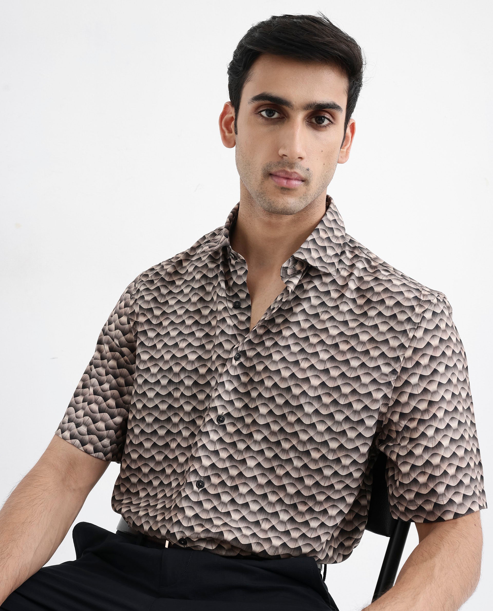 Rare Rabbit Men's Monar SS Beige Viscose Fabric Short Sleeves Boxy Fit Geometric Print Shirt
