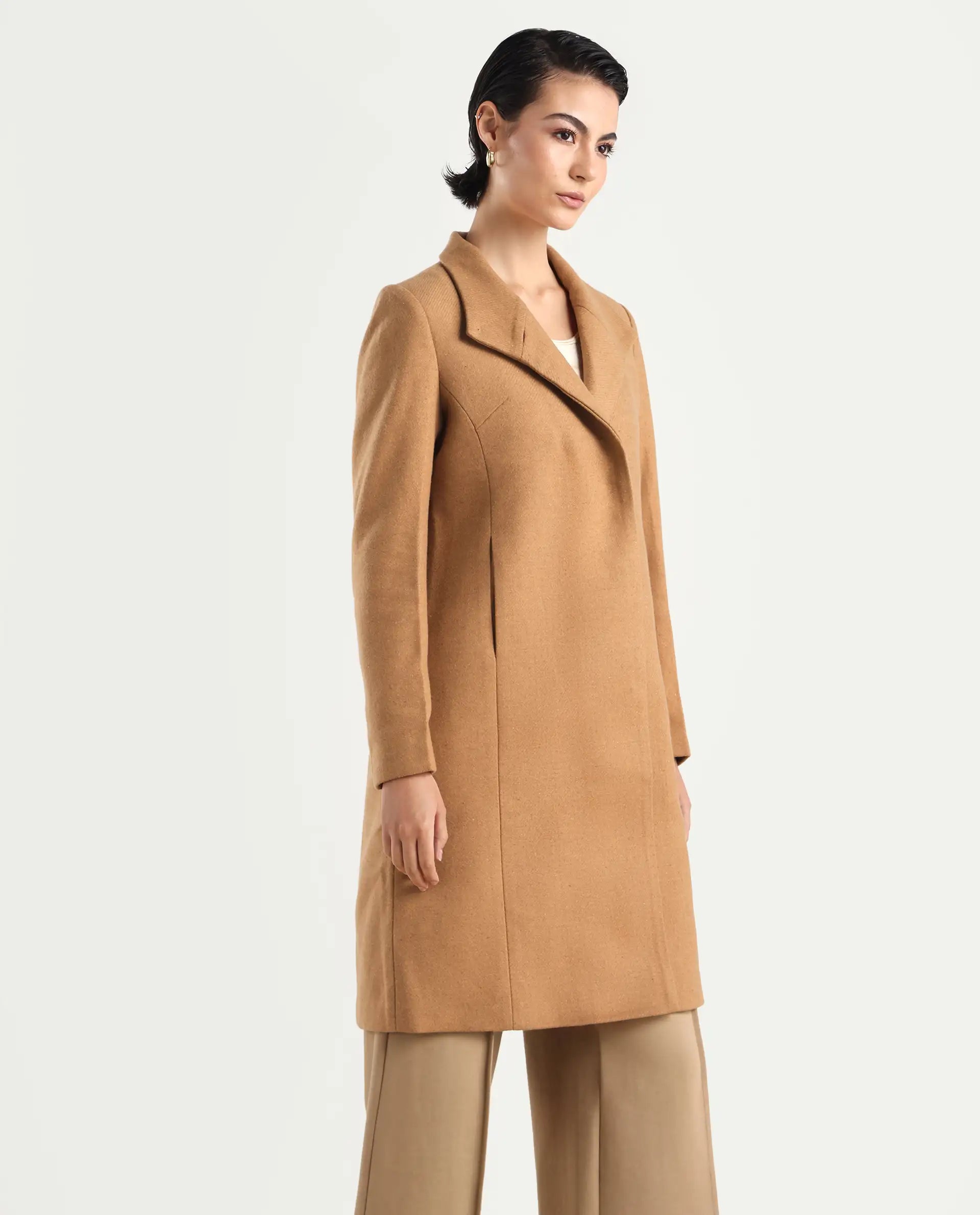 Rareism Women's Monch Beige Overlap Neck Plain Midi Boxy Fit Jacket