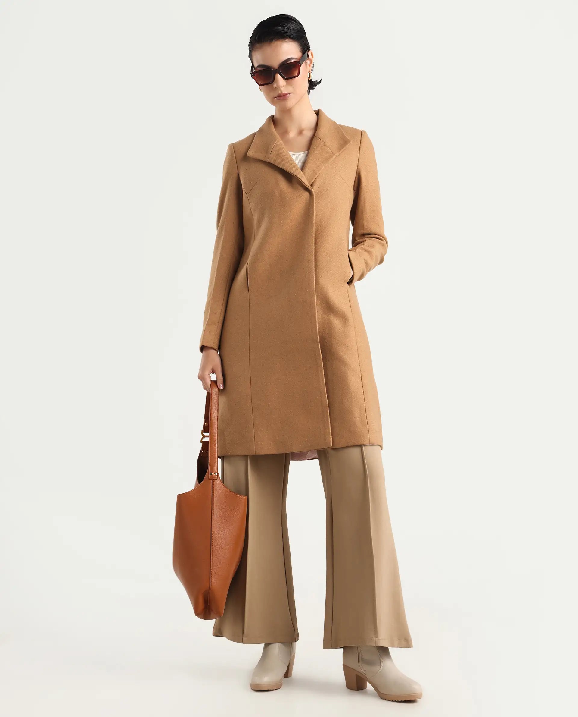 Rareism Women's Monch Beige Overlap Neck Plain Midi Boxy Fit Jacket