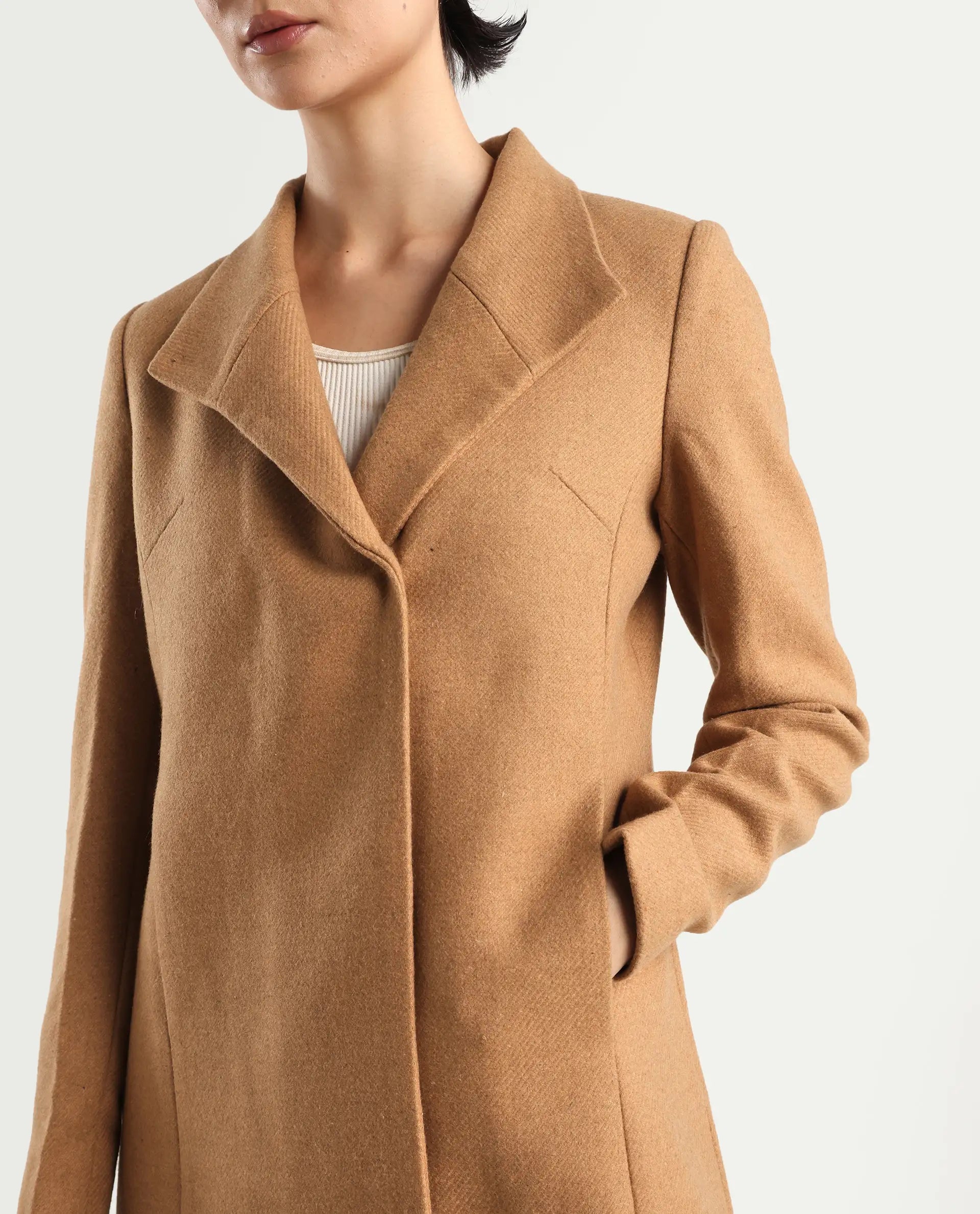 Rareism Women's Monch Beige Overlap Neck Plain Midi Boxy Fit Jacket