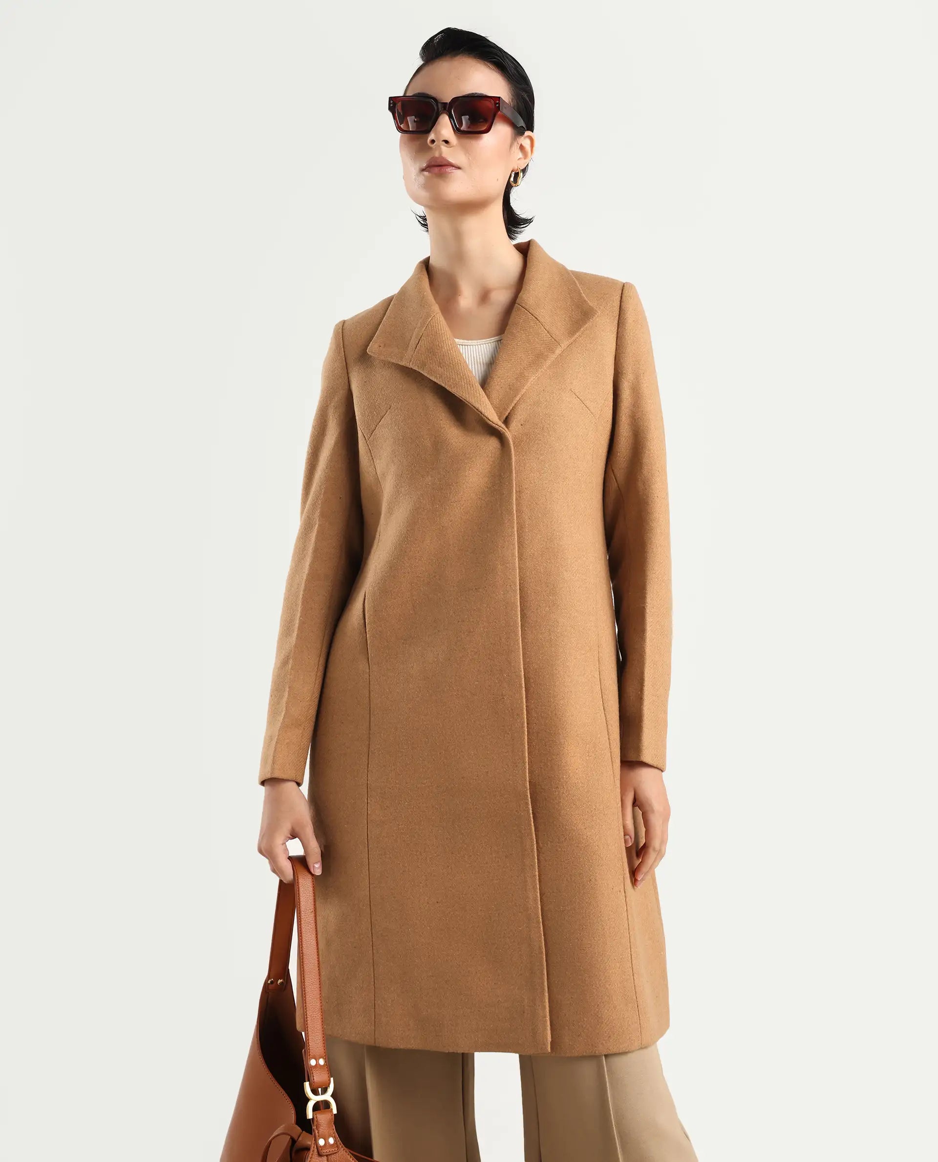 Rareism Women's Monch Beige Overlap Neck Plain Midi Boxy Fit Jacket