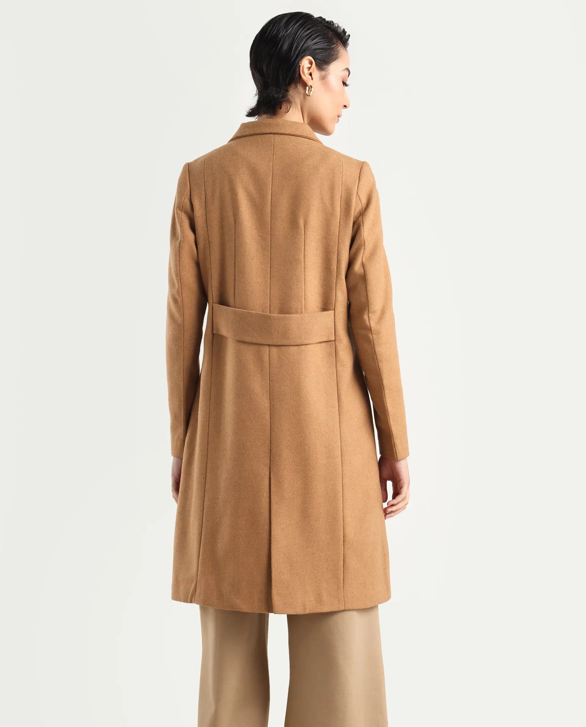 Rareism Women's Monch Beige Overlap Neck Plain Midi Boxy Fit Jacket