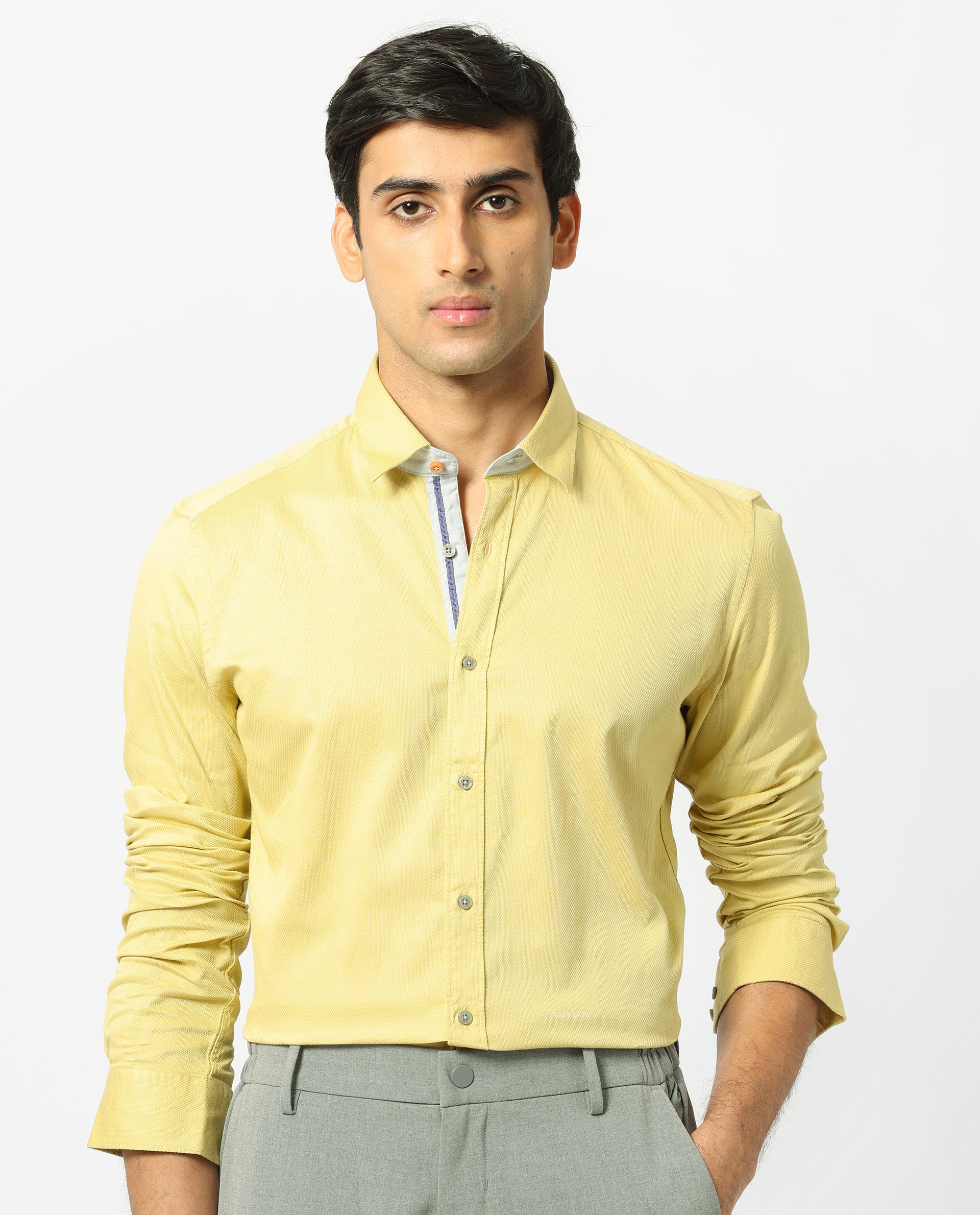 Rare Rabbit Men's Mond Yellow Cotton Fabric Full Sleeves Textured Shirt