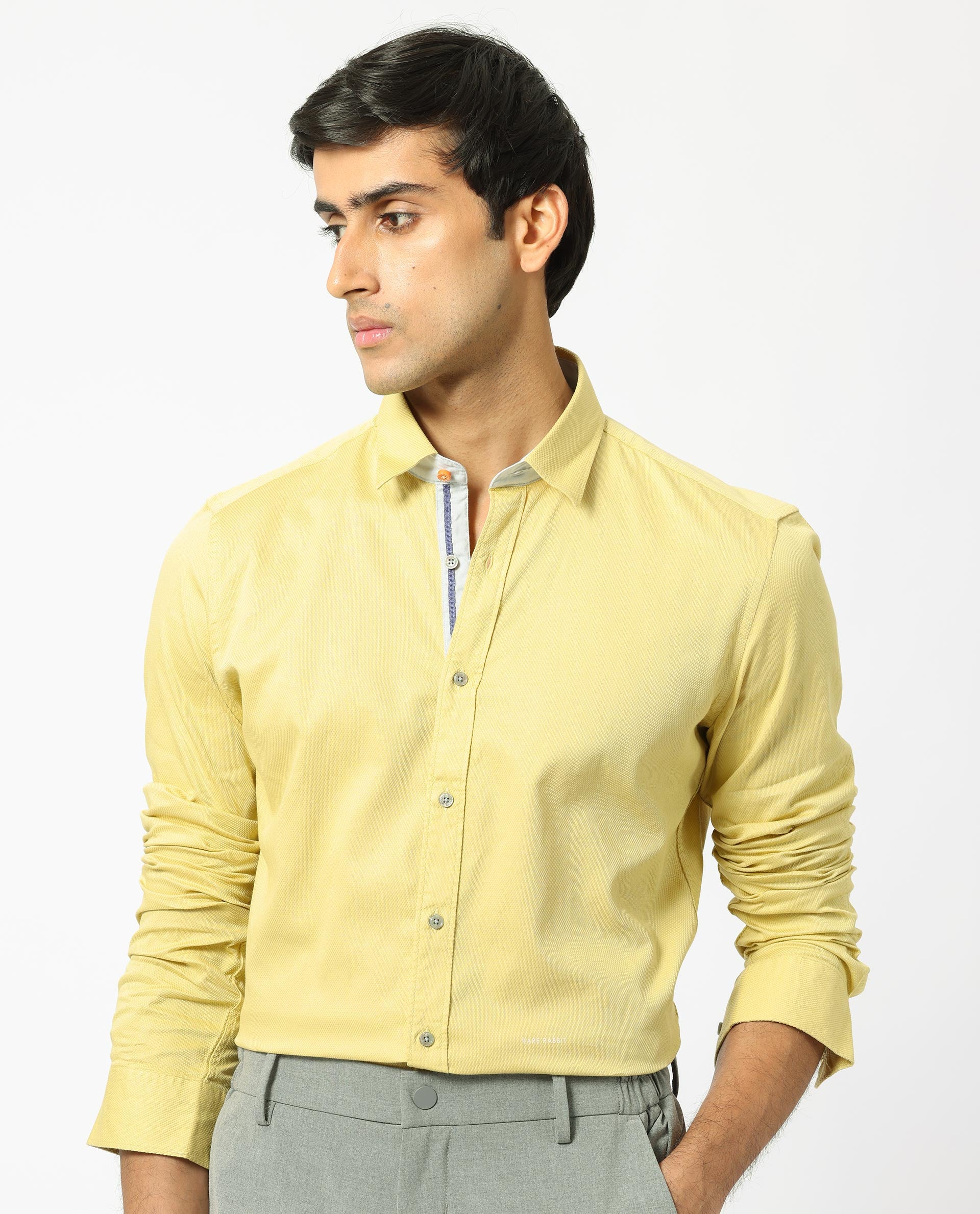 Rare Rabbit Men's Mond Yellow Cotton Fabric Full Sleeves Textured Shirt