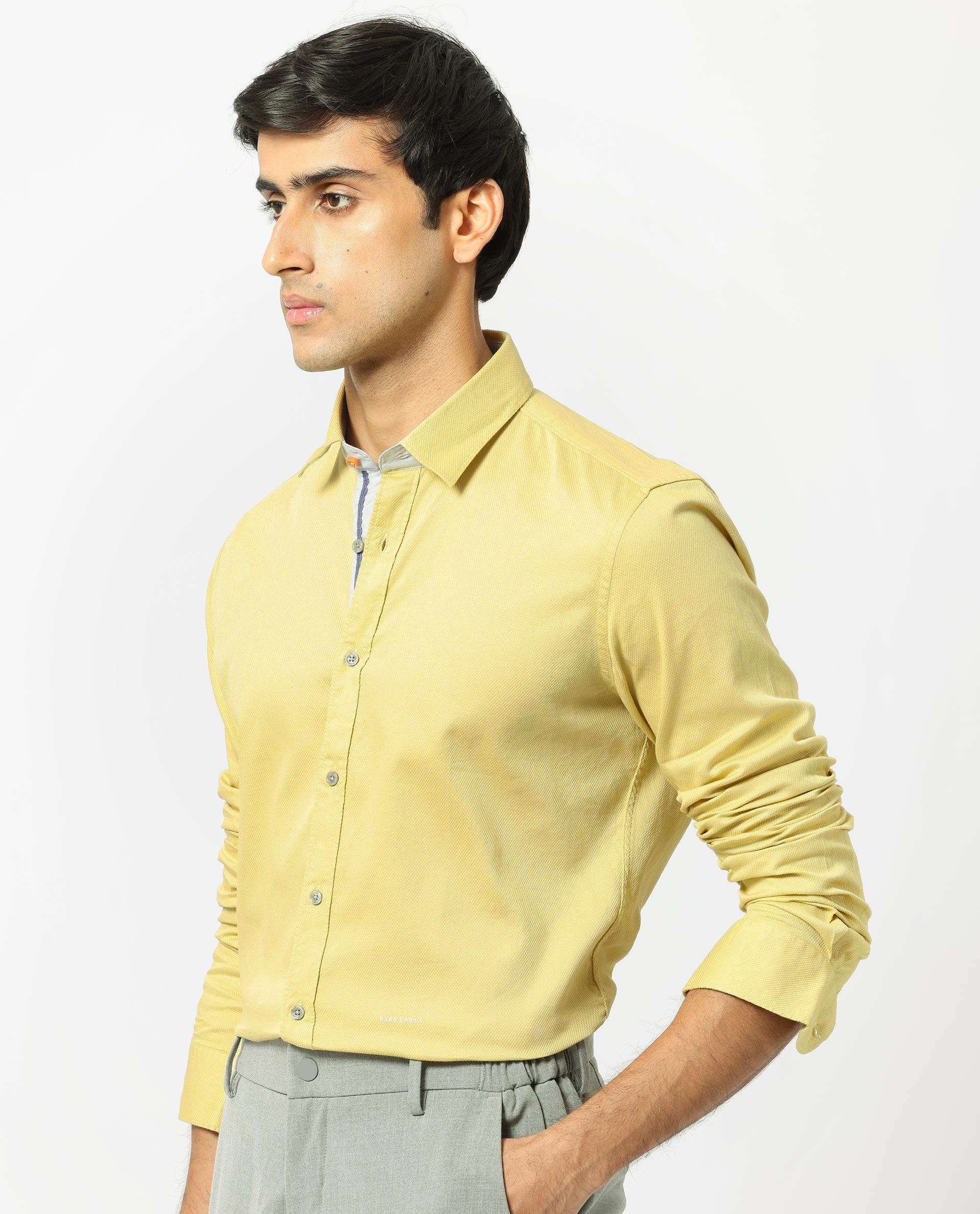 Rare Rabbit Men's Mond Yellow Cotton Fabric Full Sleeves Textured Shirt