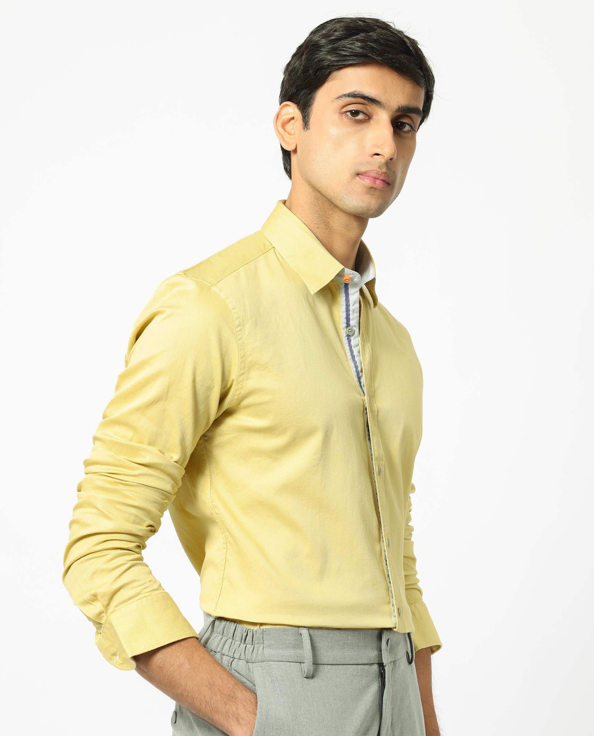 Rare Rabbit Men's Mond Yellow Cotton Fabric Full Sleeves Textured Shirt