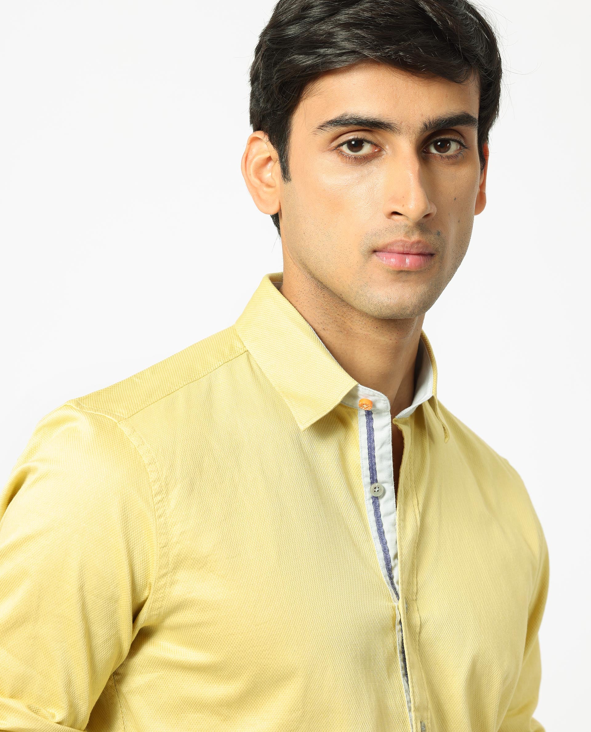 Rare Rabbit Men's Mond Yellow Cotton Fabric Full Sleeves Textured Shirt