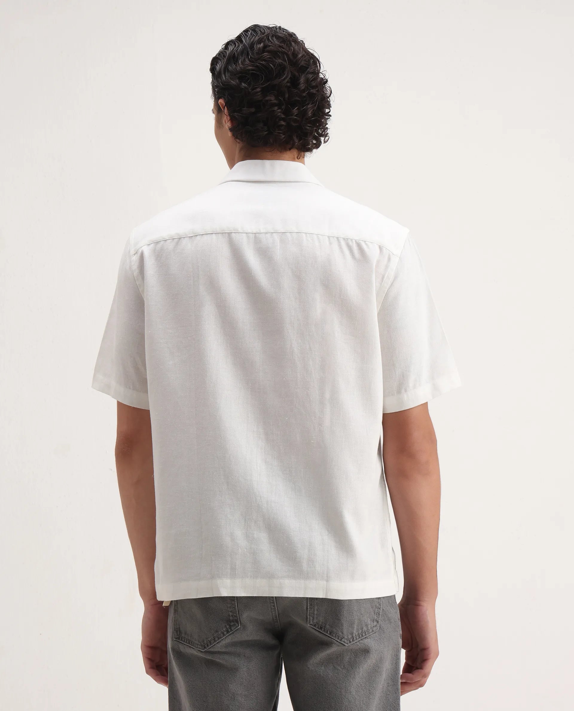 Rare Rabbit Men's Monobo White Linen Blend Embroidered Boxy Fit Half Sleeve Cuban Collar Shirt