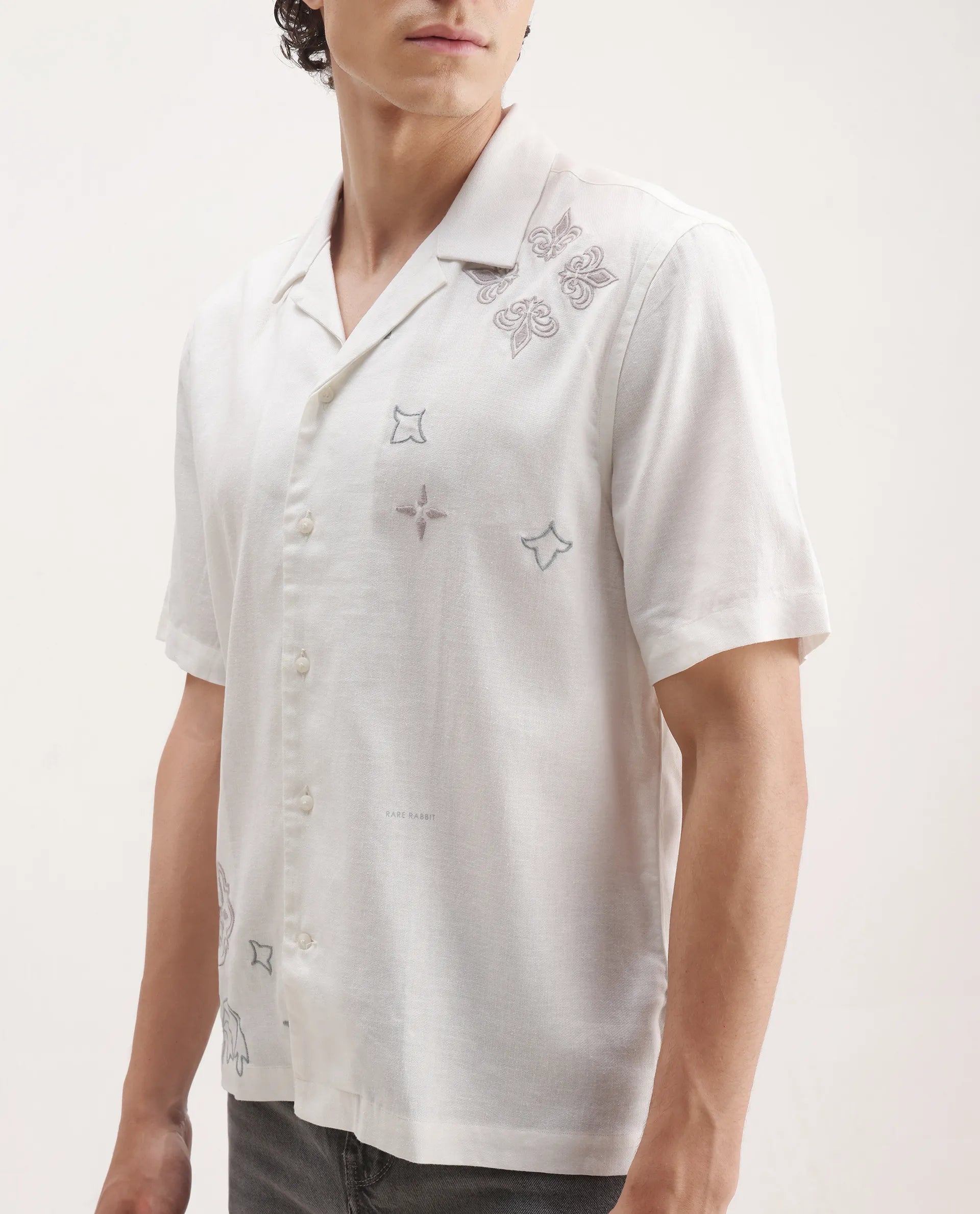 Rare Rabbit Men's Monobo White Linen Blend Embroidered Boxy Fit Half Sleeve Cuban Collar Shirt