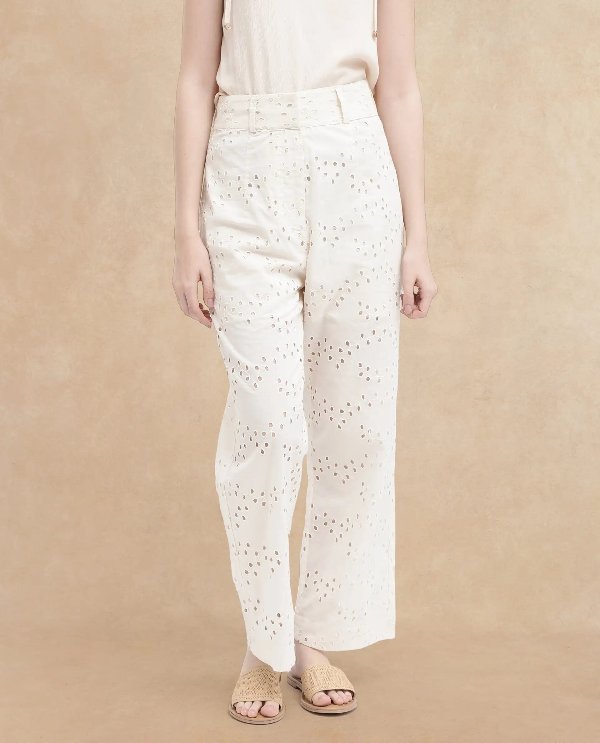 Rareism Women's Montana-B Light Off White Cotton Plain Regular Fit Trouser