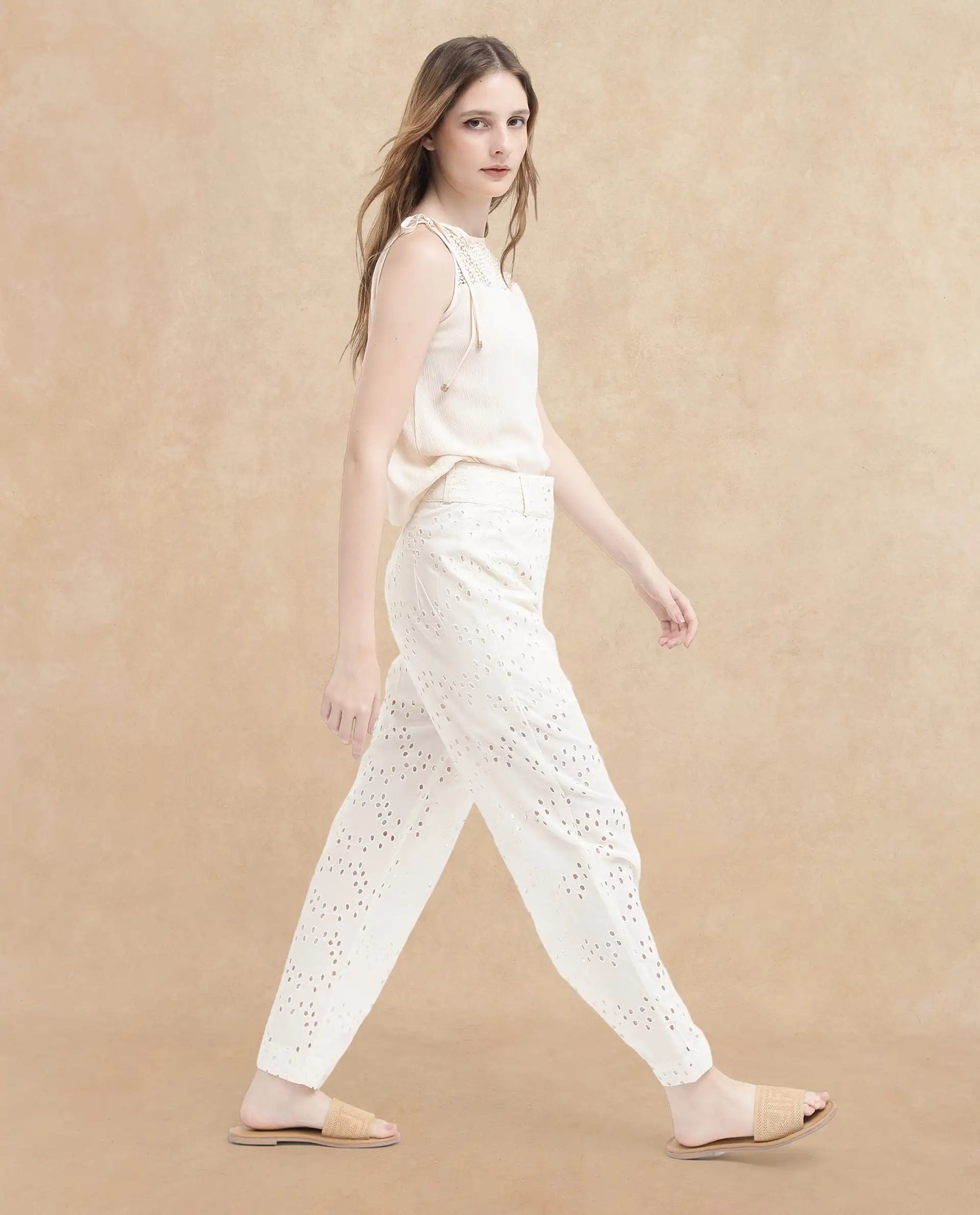 Rareism Women's Montana-B Light Off White Cotton Plain Regular Fit Trouser