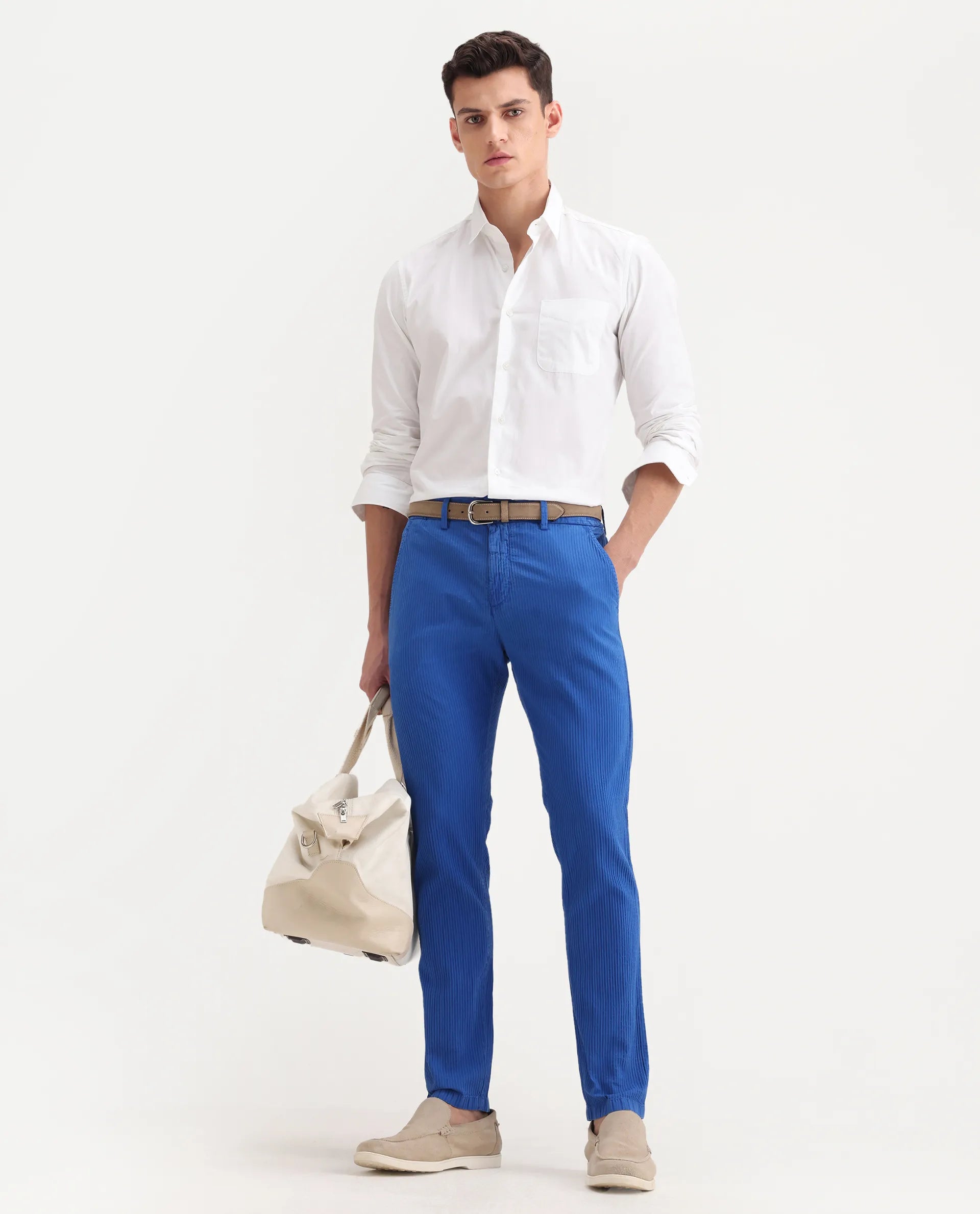 Rare Rabbit Men's Monter Fluorescent Blue Cotton Striped Print Regular Fit Trouser