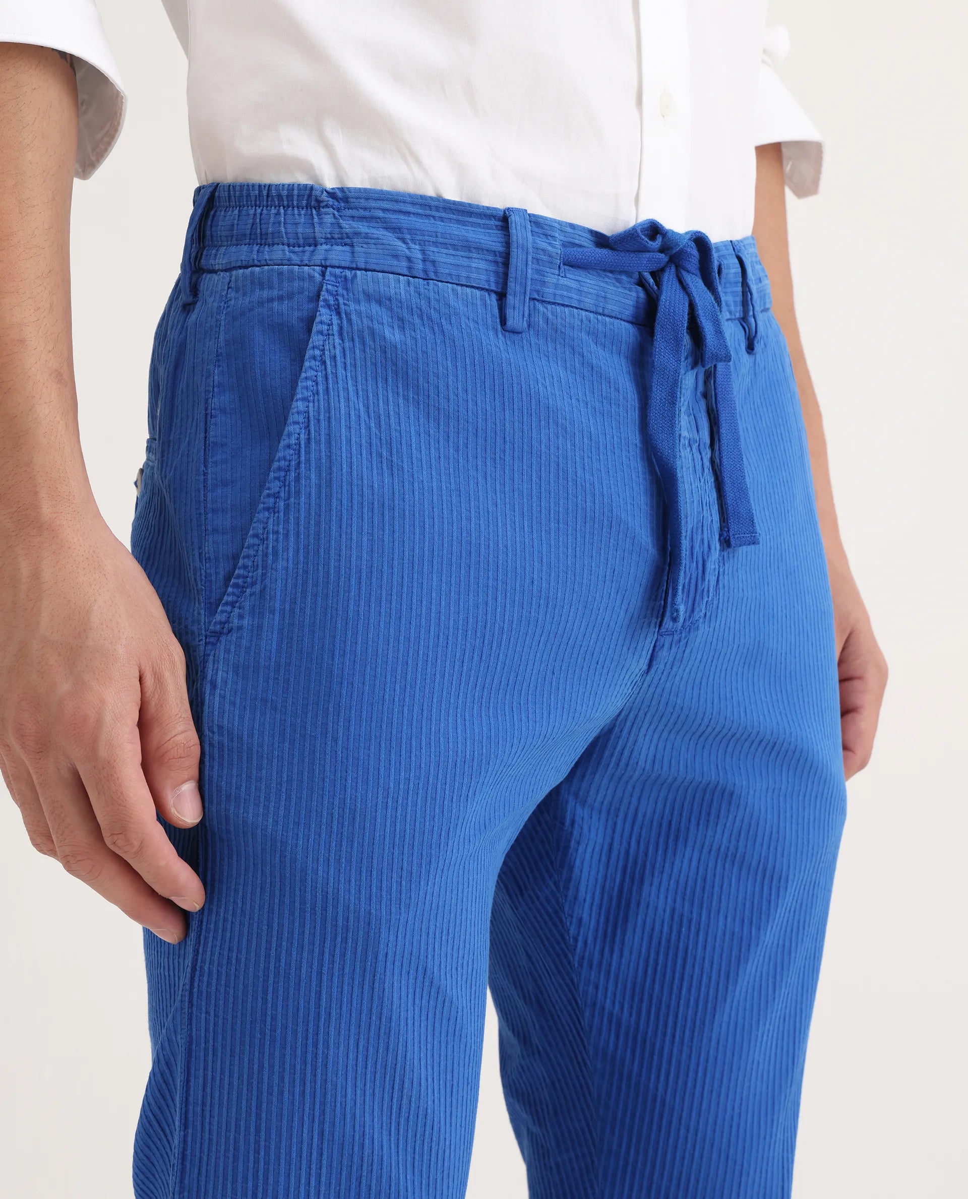 Rare Rabbit Men's Monter Fluorescent Blue Cotton Striped Print Regular Fit Trouser