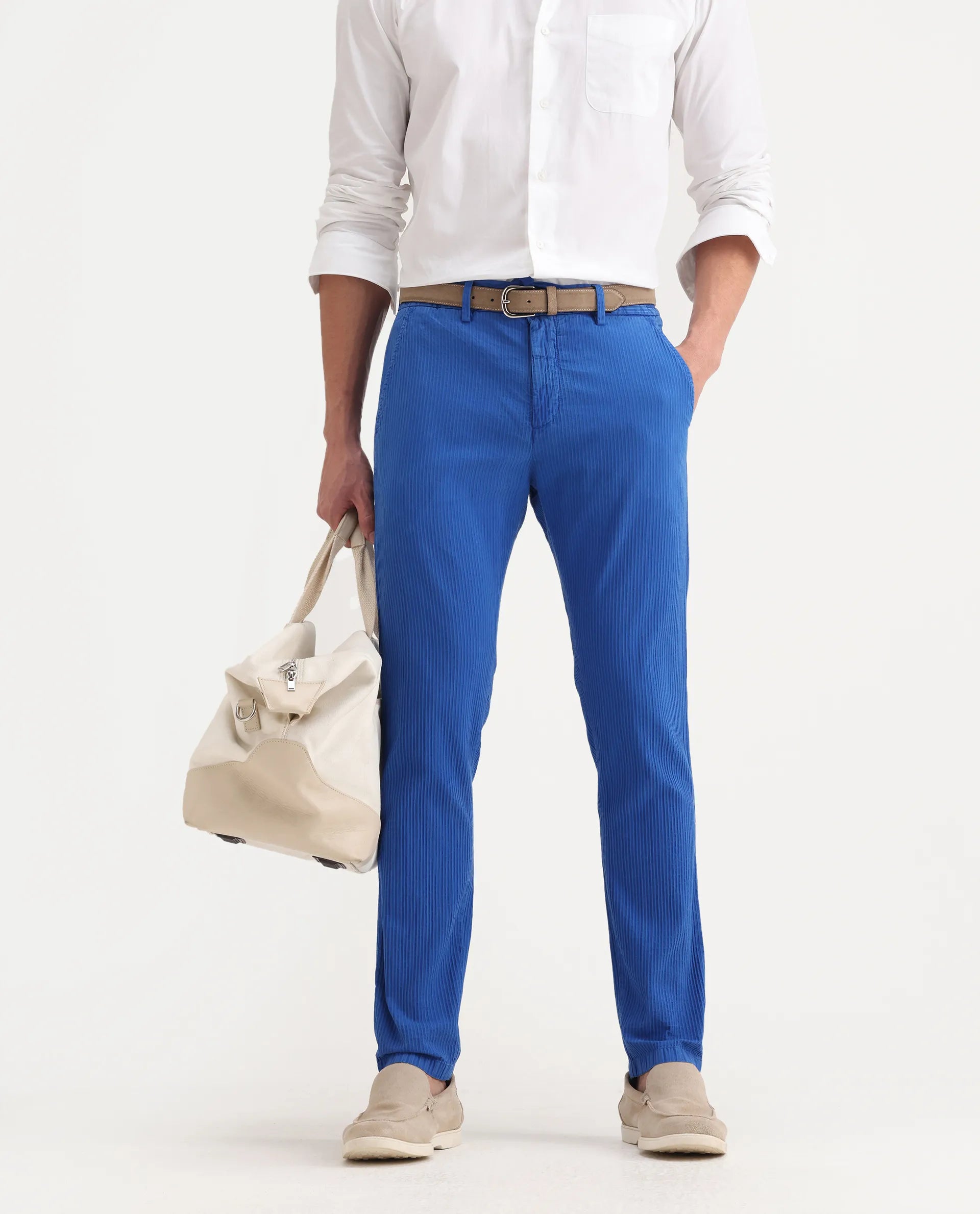 Rare Rabbit Men's Monter Fluorescent Blue Cotton Striped Print Regular Fit Trouser