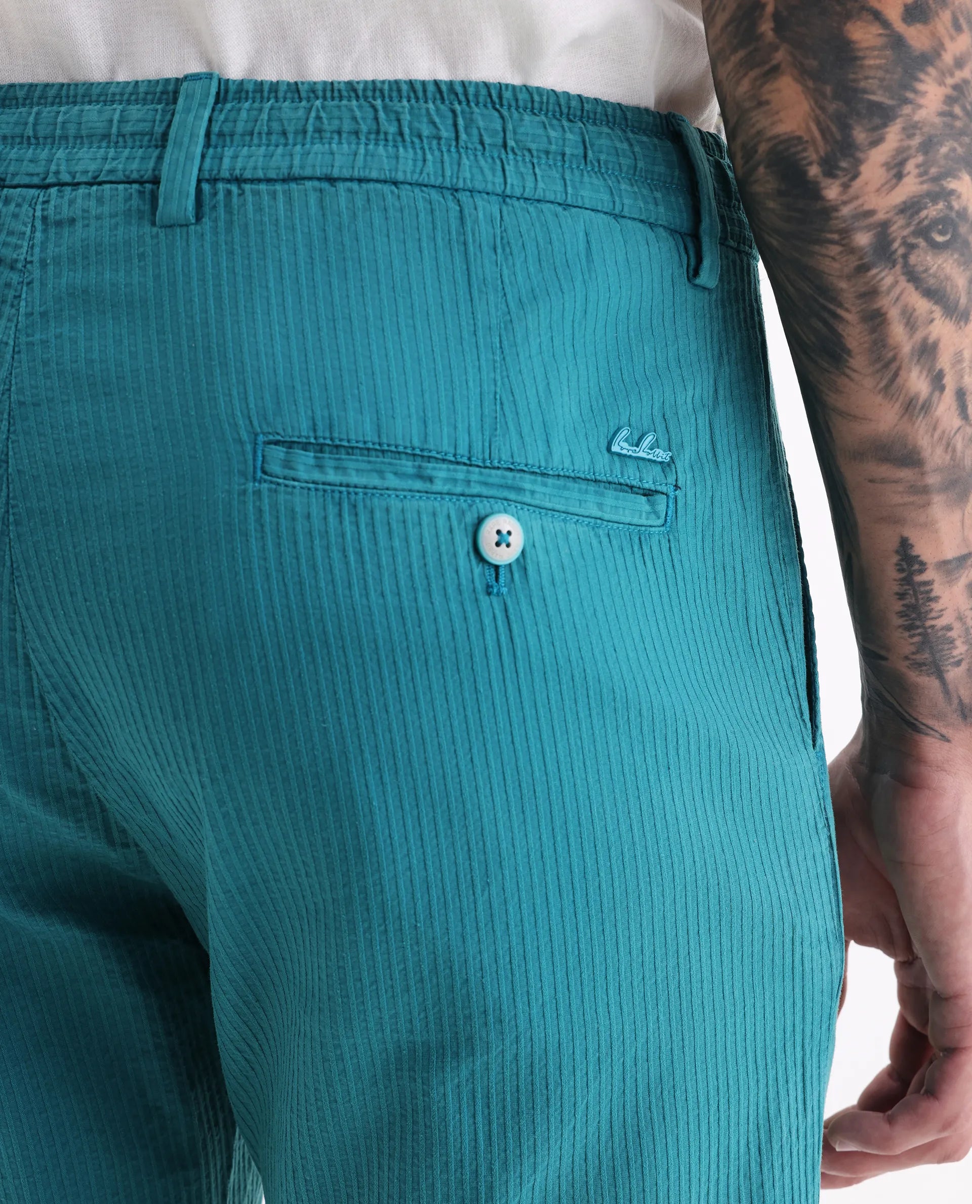 Rare Rabbit Men's Monter Green Cotton Striped Print Regular Fit Trouser