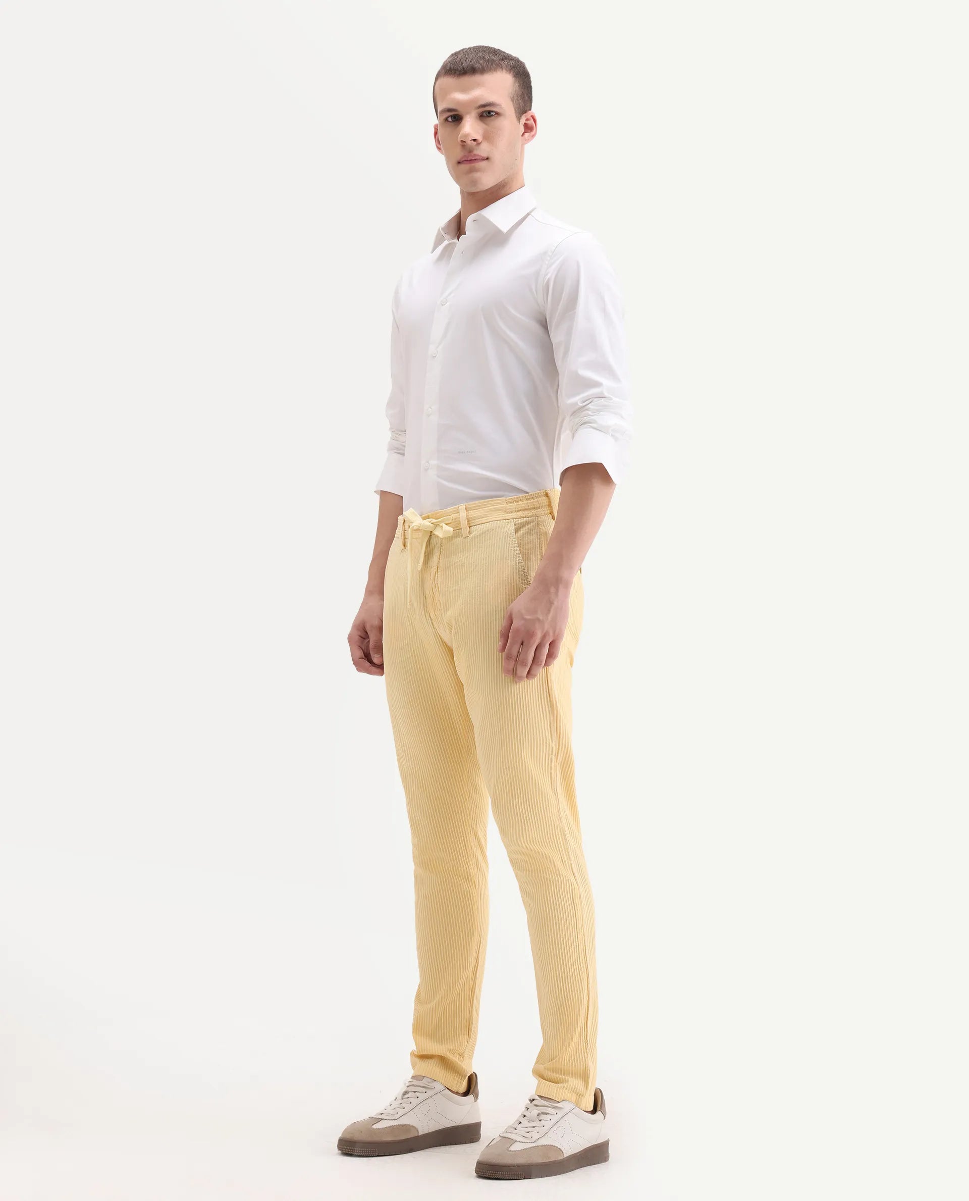 Rare Rabbit Men's Monter Mustard Cotton Striped Print Regular Fit Trouser