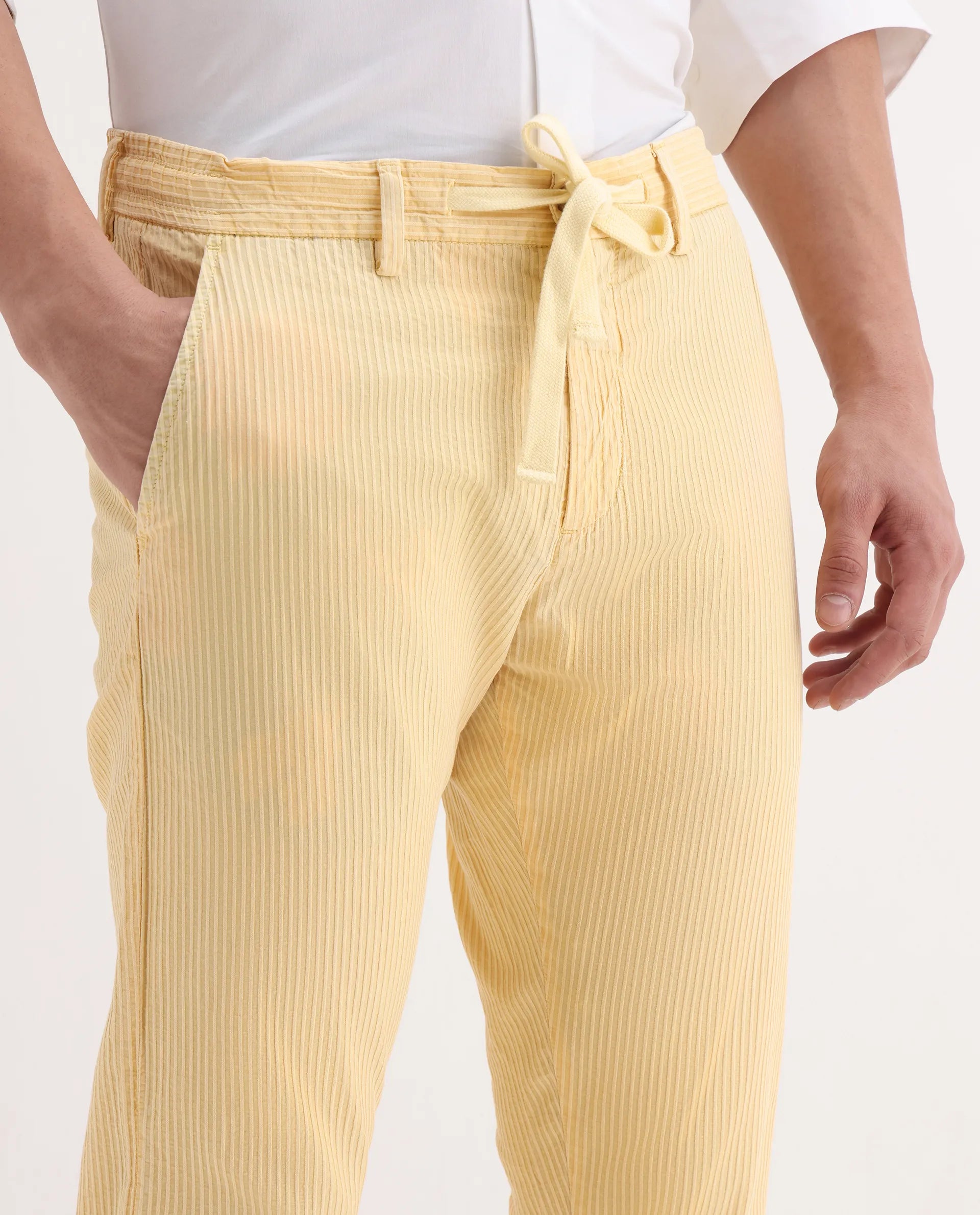 Rare Rabbit Men's Monter Mustard Cotton Striped Print Regular Fit Trouser