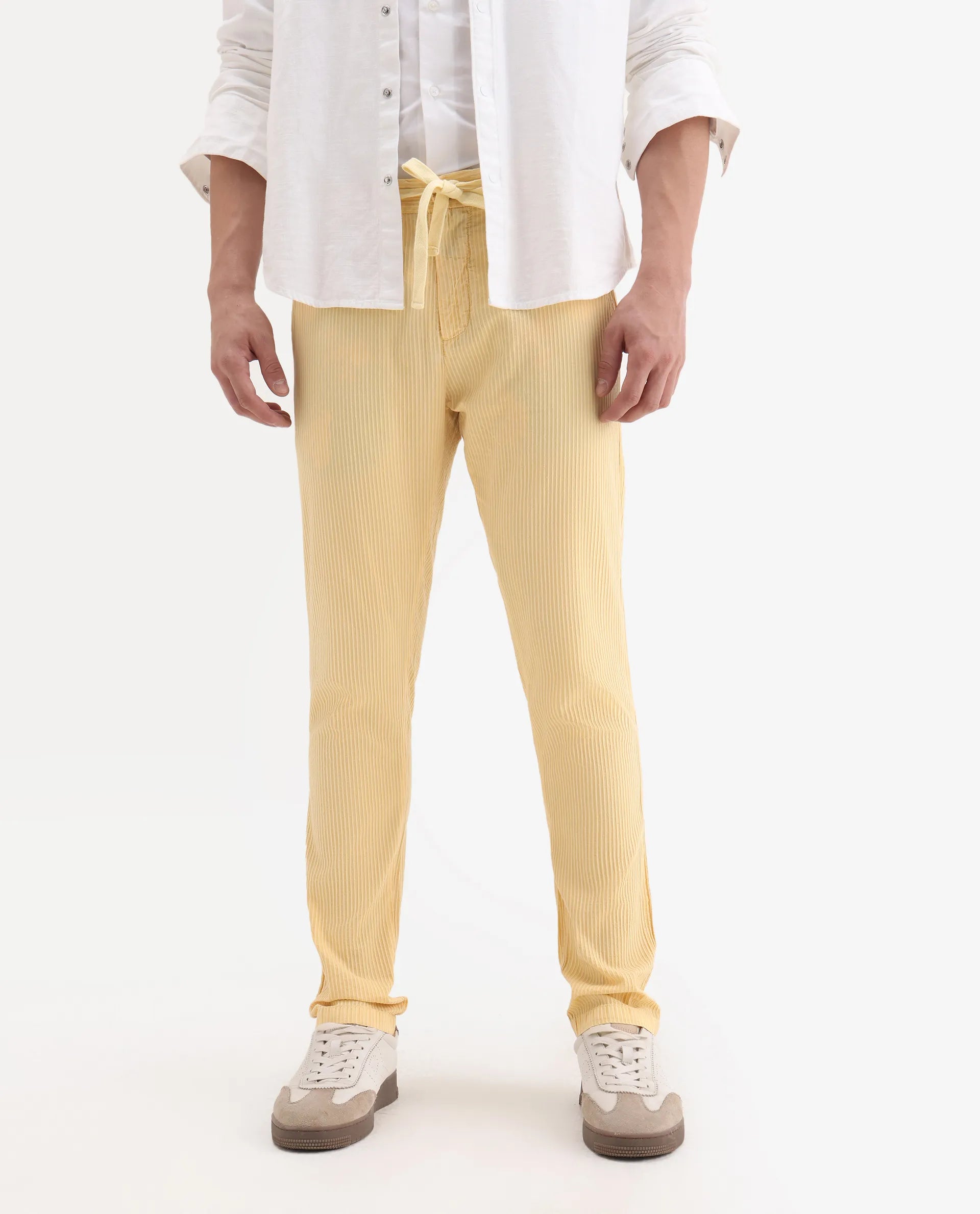 Rare Rabbit Men's Monter Mustard Cotton Striped Print Regular Fit Trouser