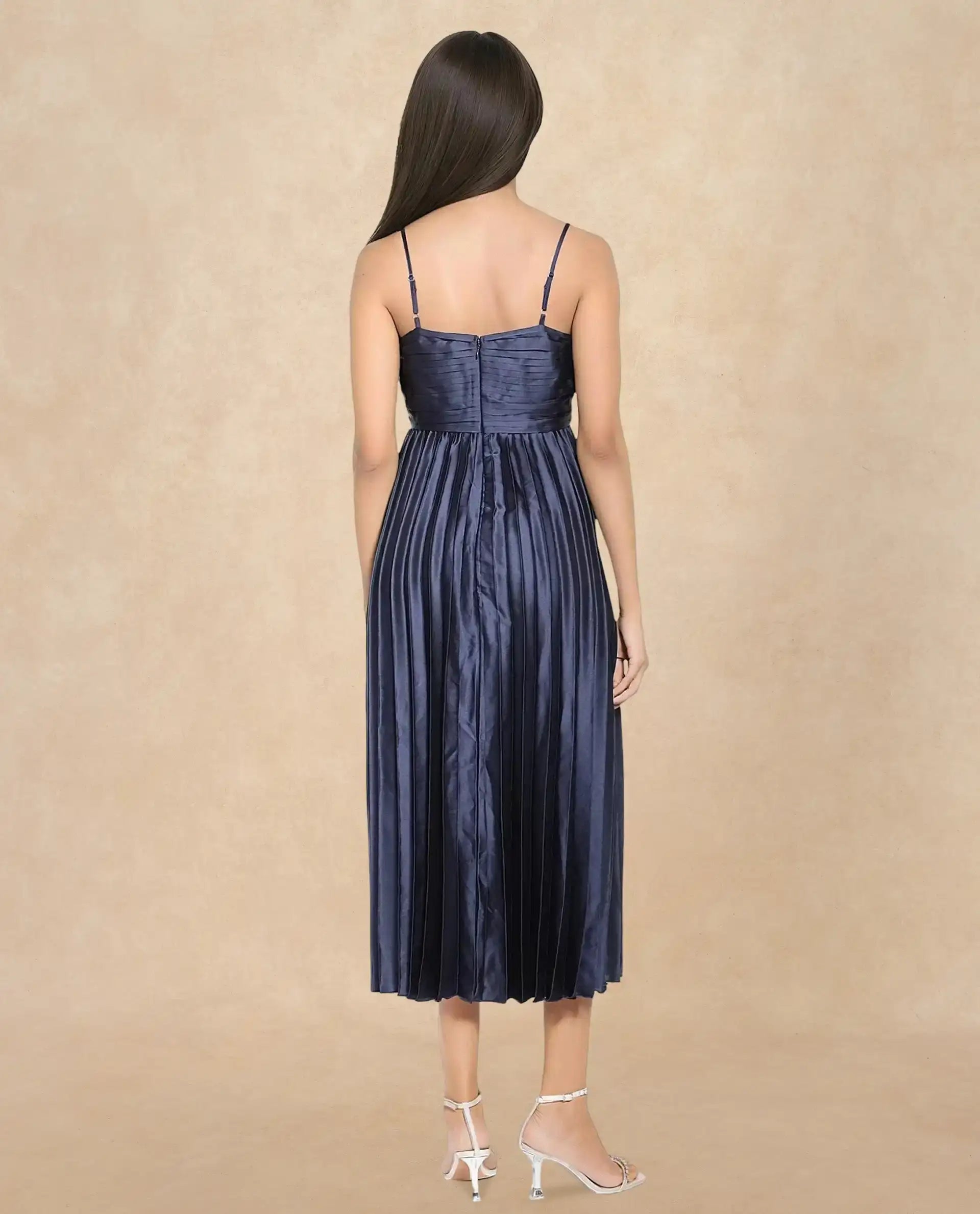 Rareism Women Montreal Metallic Navy Polyester Fabric Noodle Straps Plain Dress