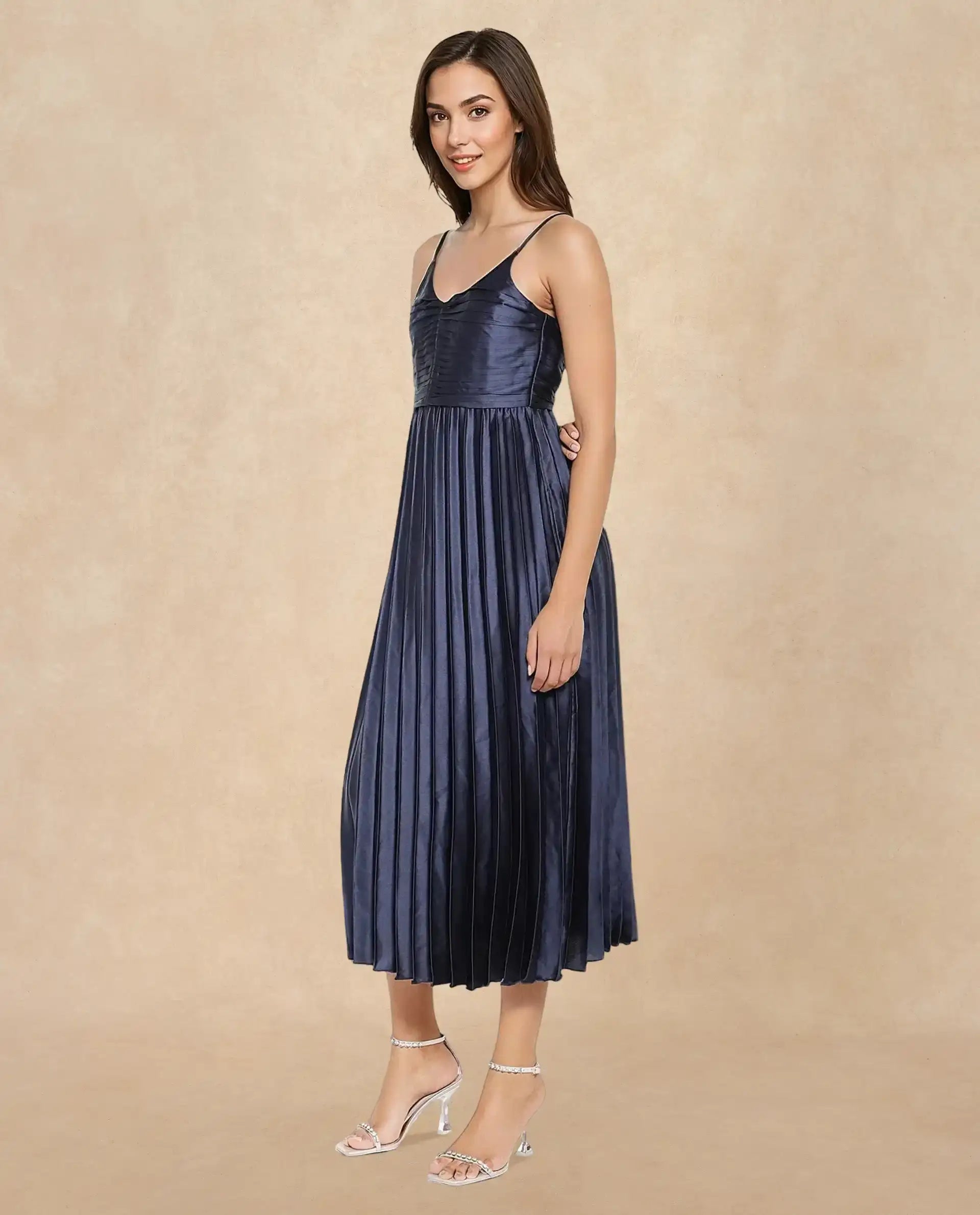 Rareism Women Montreal Metallic Navy Polyester Fabric Noodle Straps Plain Dress