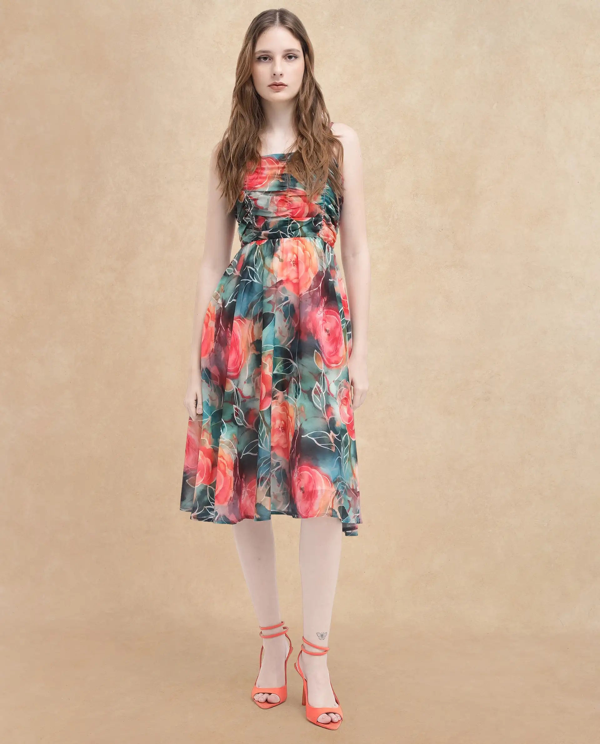 Rareism Women Monza Dark Multi Shoulder Straps Shoulder Straps Zipper Closure Fit And Flare Floral Print Midi Dress