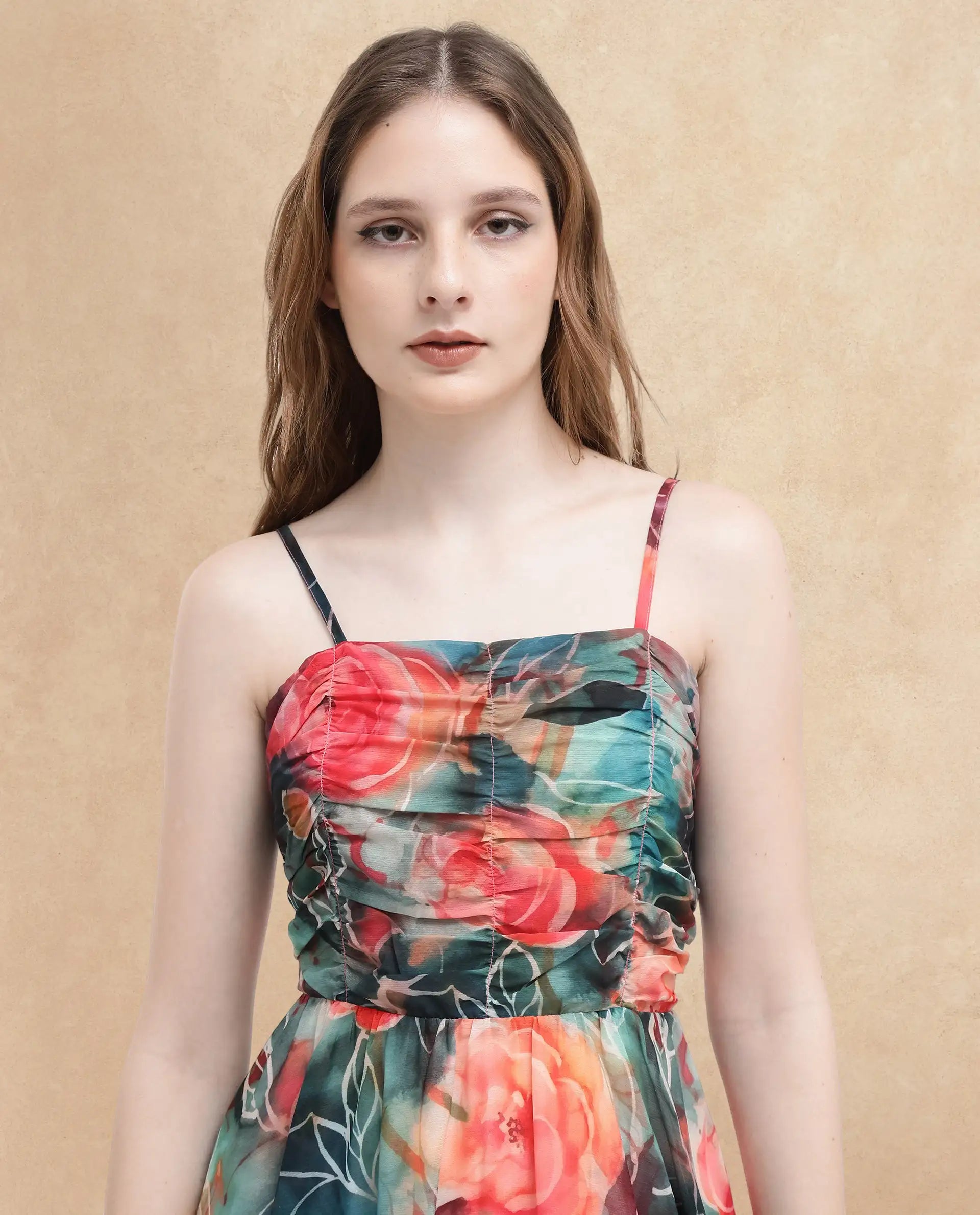 Rareism Women Monza Dark Multi Shoulder Straps Shoulder Straps Zipper Closure Fit And Flare Floral Print Midi Dress