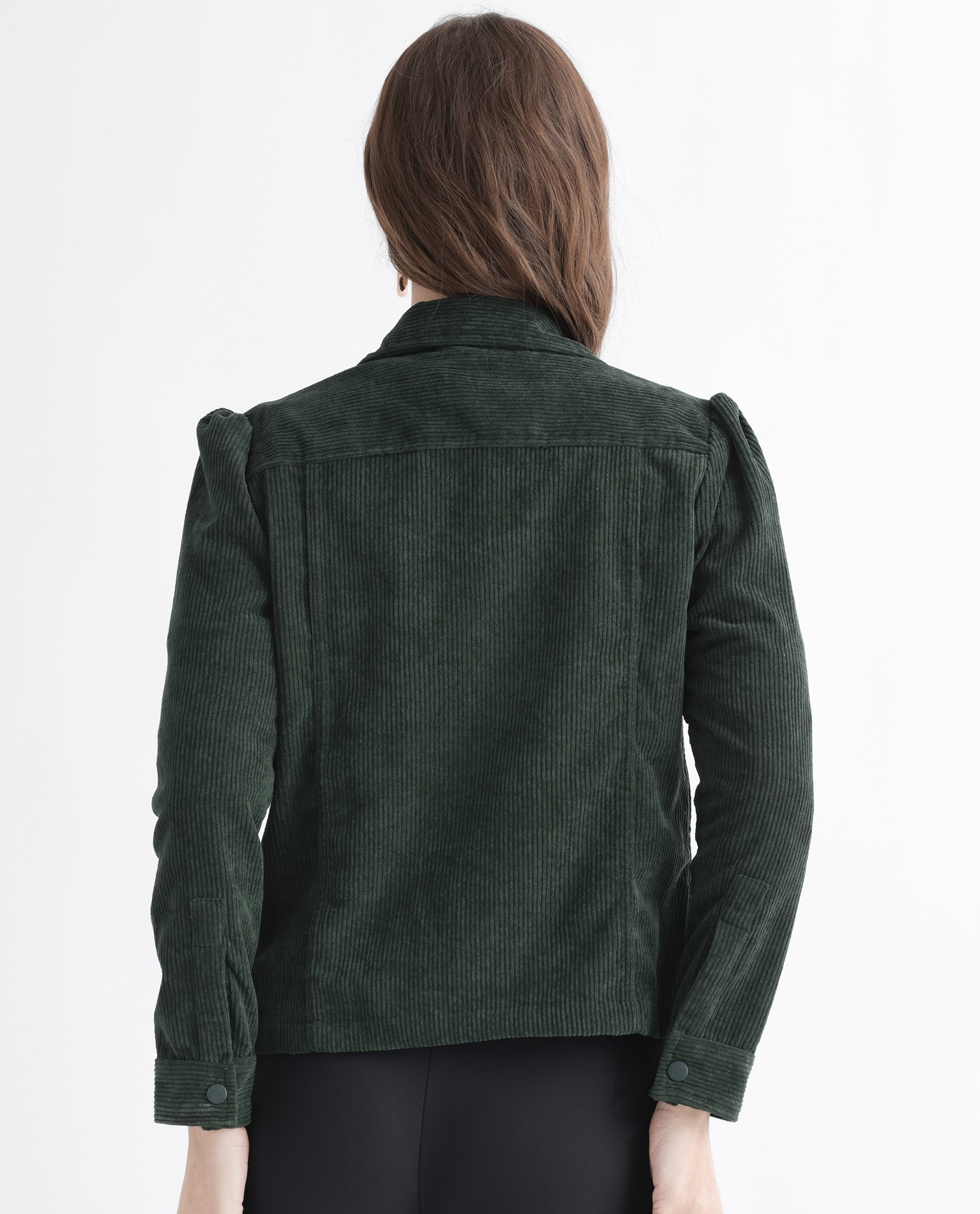 Rareism Women Mooney Green Polyester Fabric Full Sleeves Solid Shirt Collar Jacket