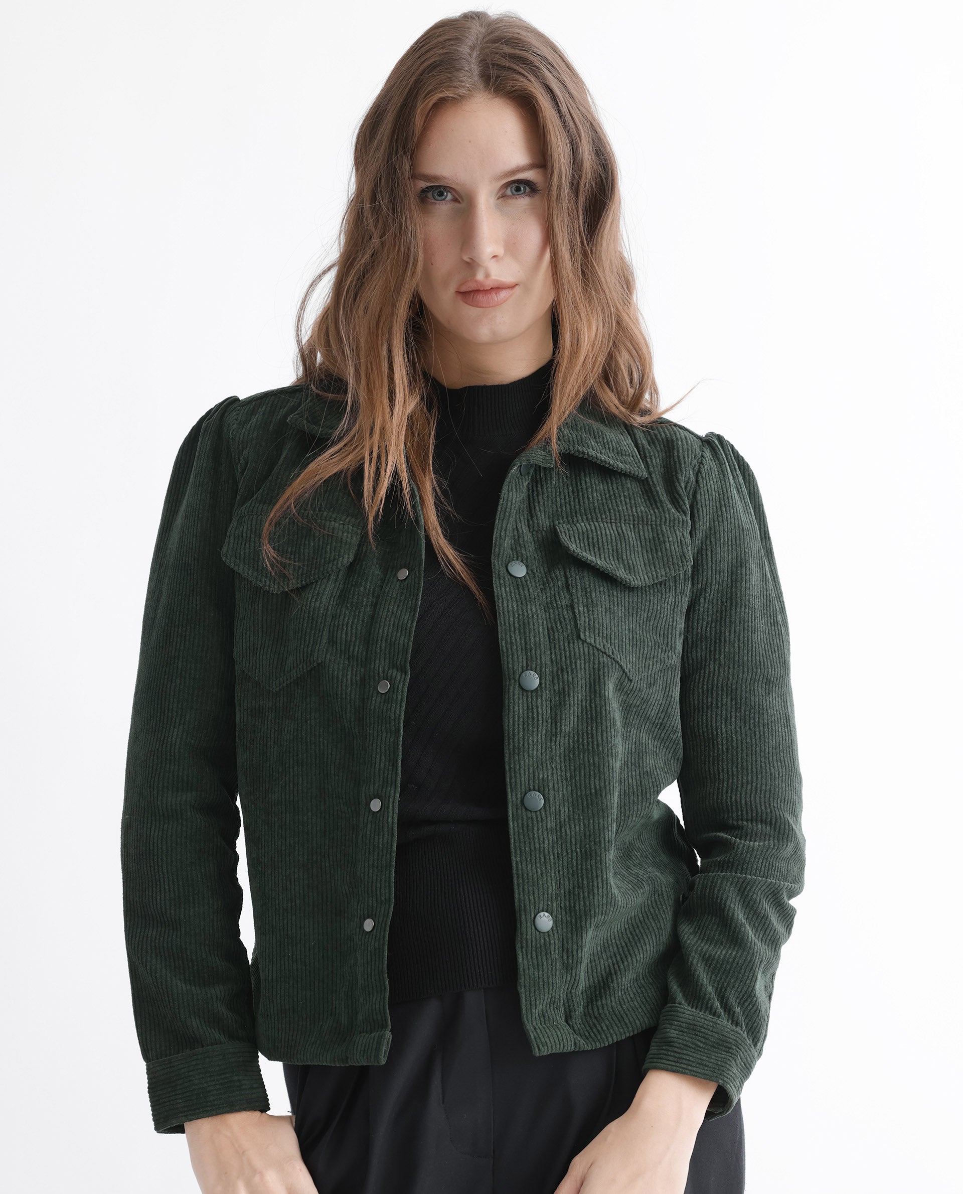 Rareism Women Mooney Green Polyester Fabric Full Sleeves Solid Shirt Collar Jacket
