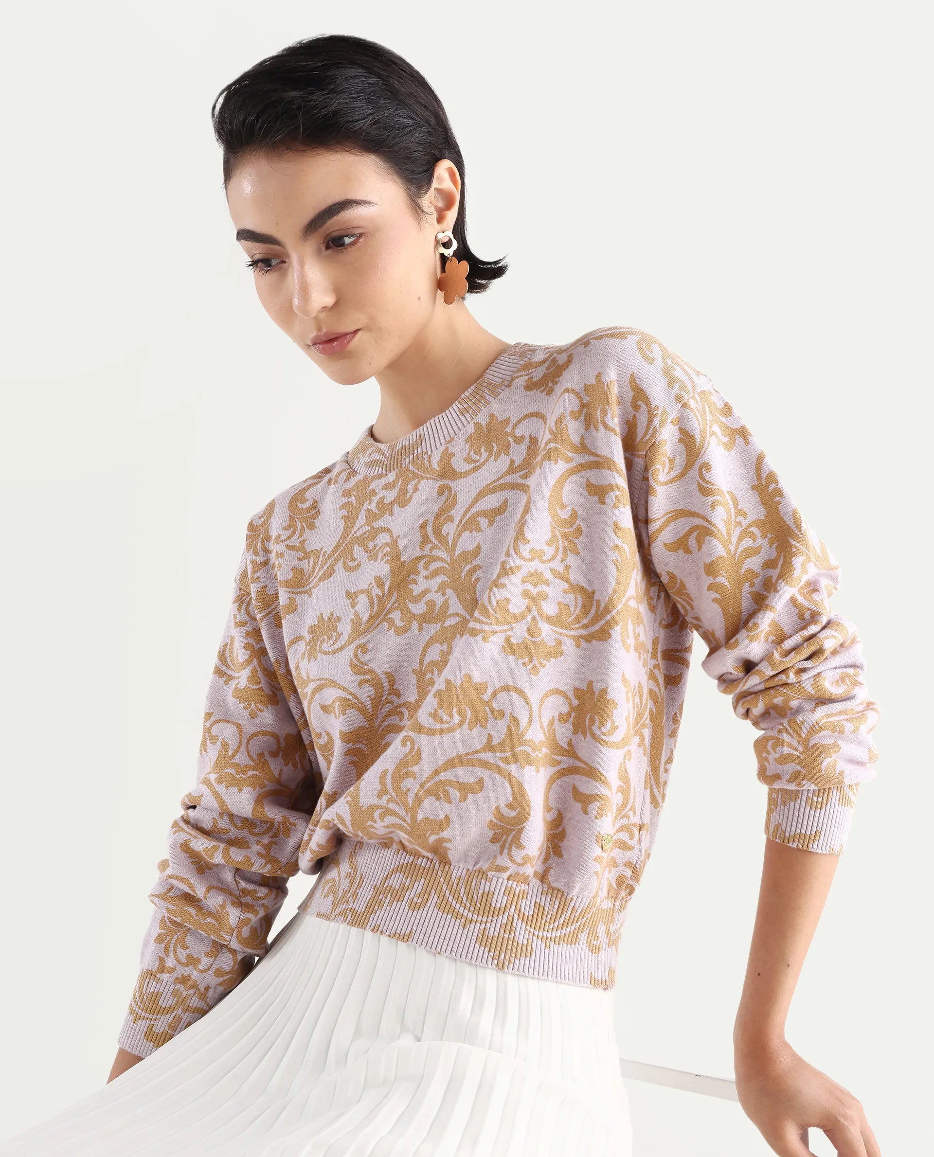 Rareism Women's Moon Light Purple Cotton High Neck Abstract Print Relaxed Fit Sweater