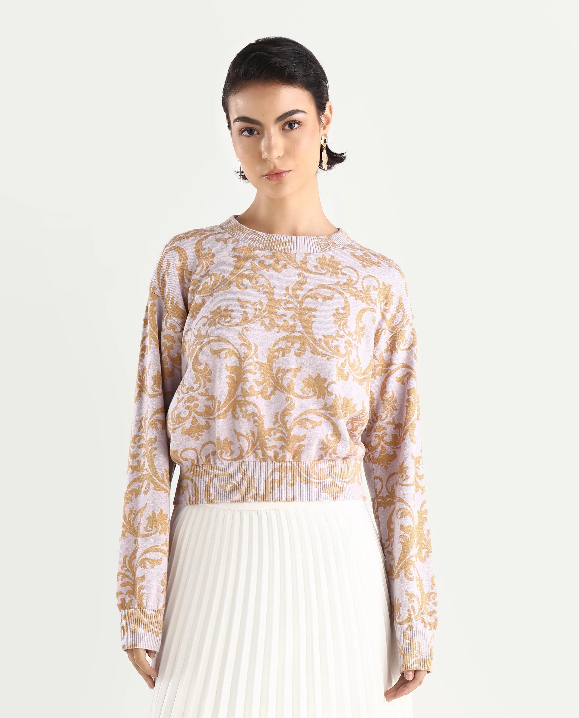 Rareism Women's Moon Light Purple Cotton High Neck Abstract Print Relaxed Fit Sweater