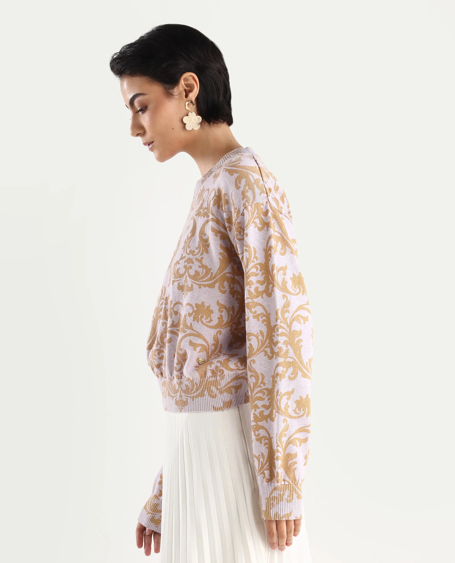 Rareism Women's Moon Light Purple Cotton High Neck Abstract Print Relaxed Fit Sweater