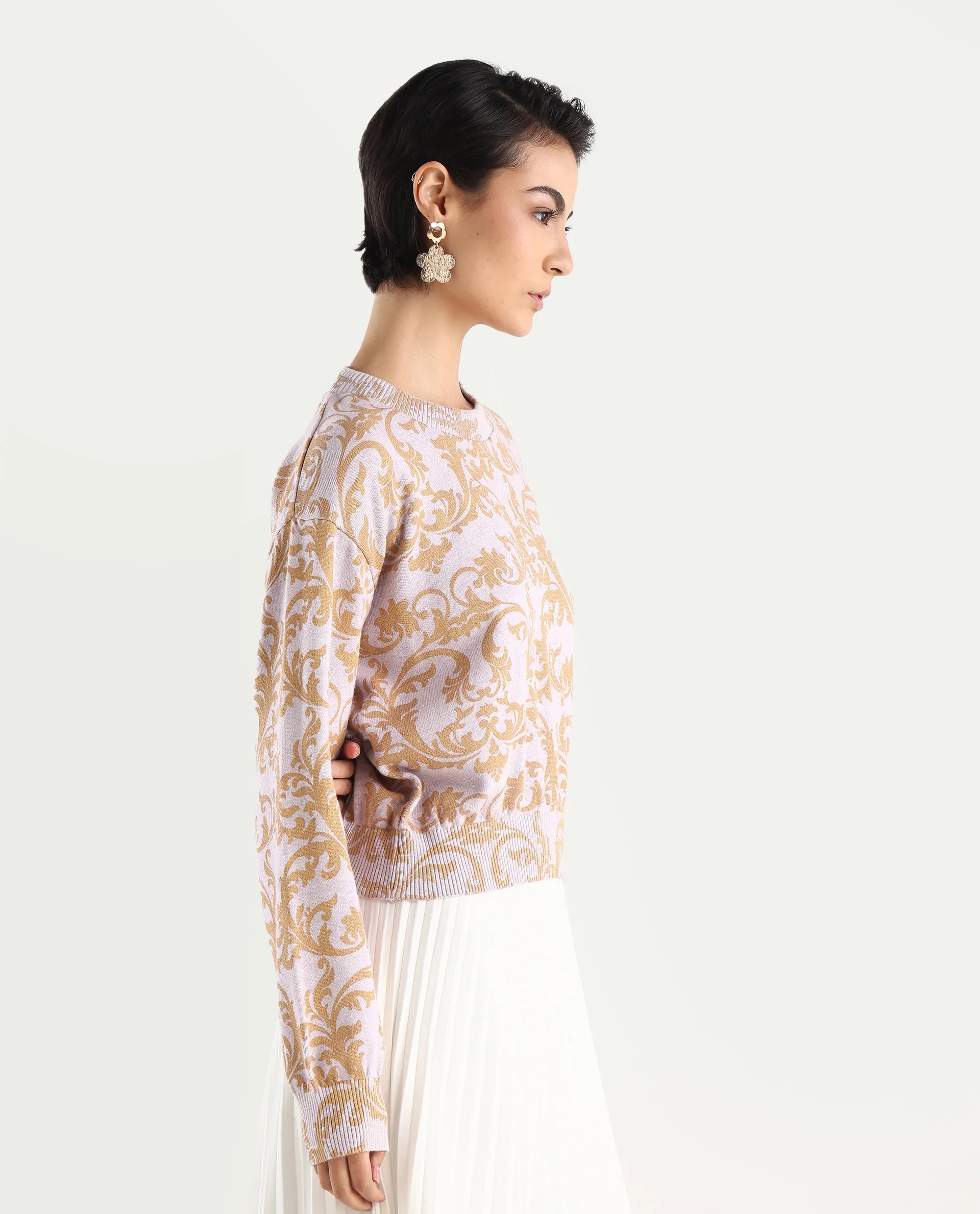 Rareism Women's Moon Light Purple Cotton High Neck Abstract Print Relaxed Fit Sweater