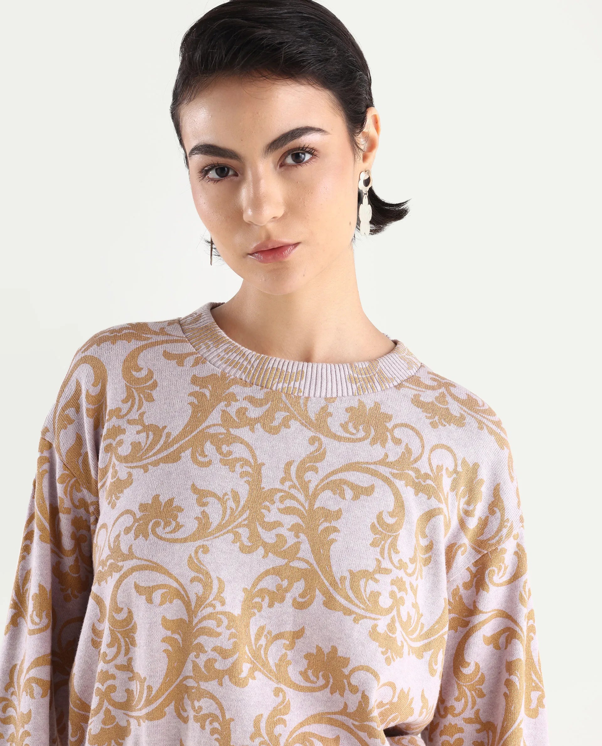 Rareism Women's Moon Light Purple Cotton High Neck Abstract Print Relaxed Fit Sweater