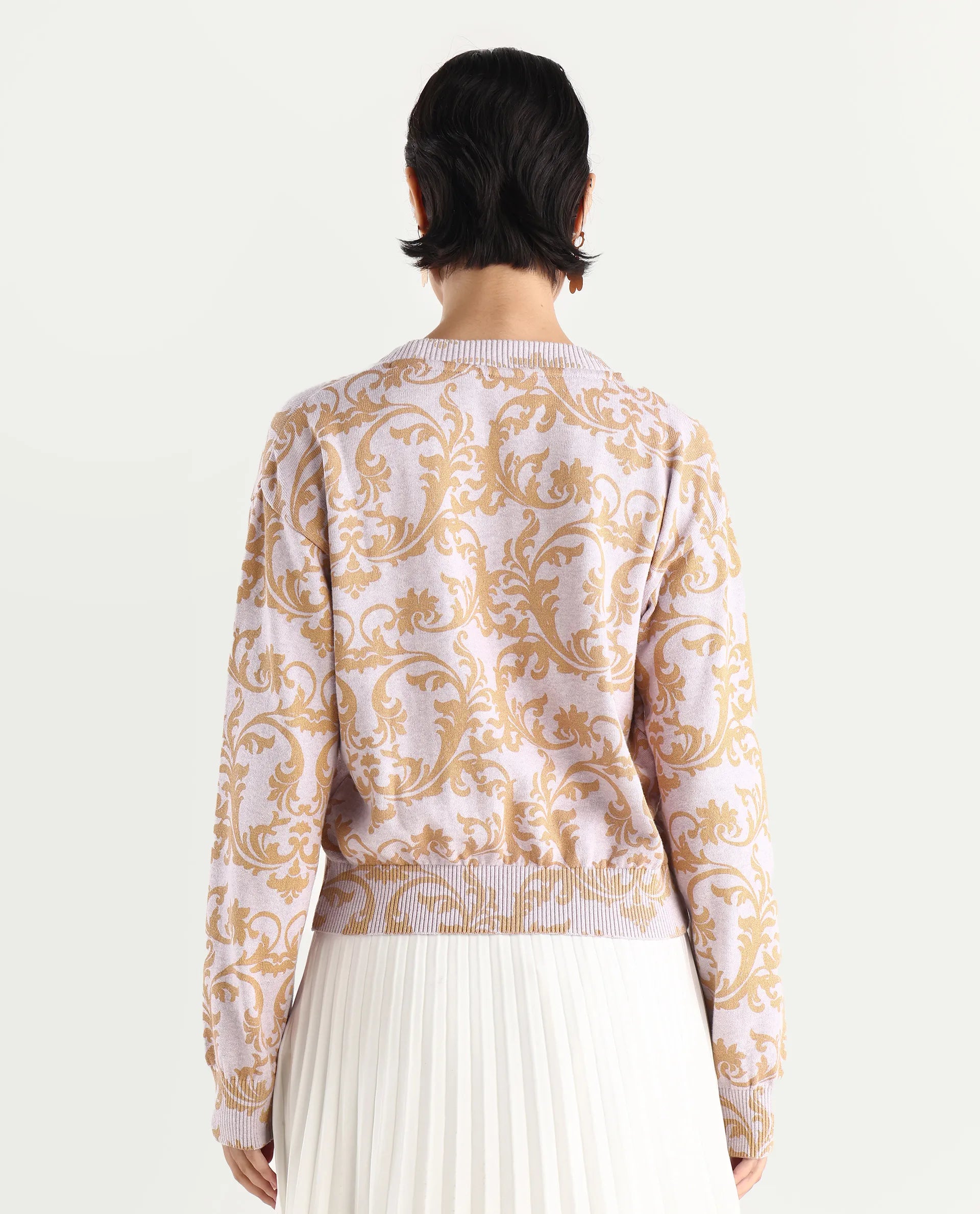 Rareism Women's Moon Light Purple Cotton High Neck Abstract Print Relaxed Fit Sweater