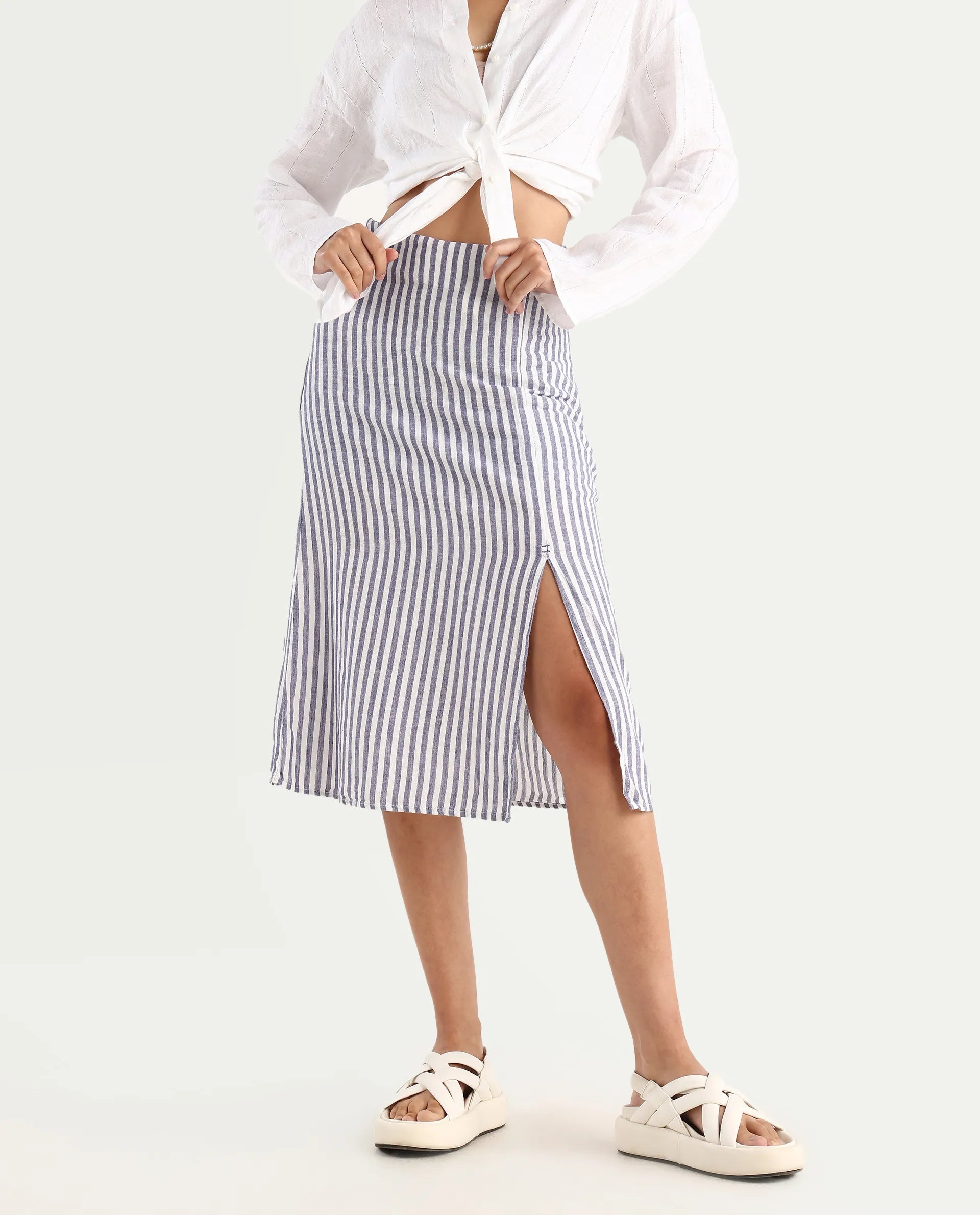 Rareism Women's Moonly Blue Linen Striped Midi Slim Fit Skirt