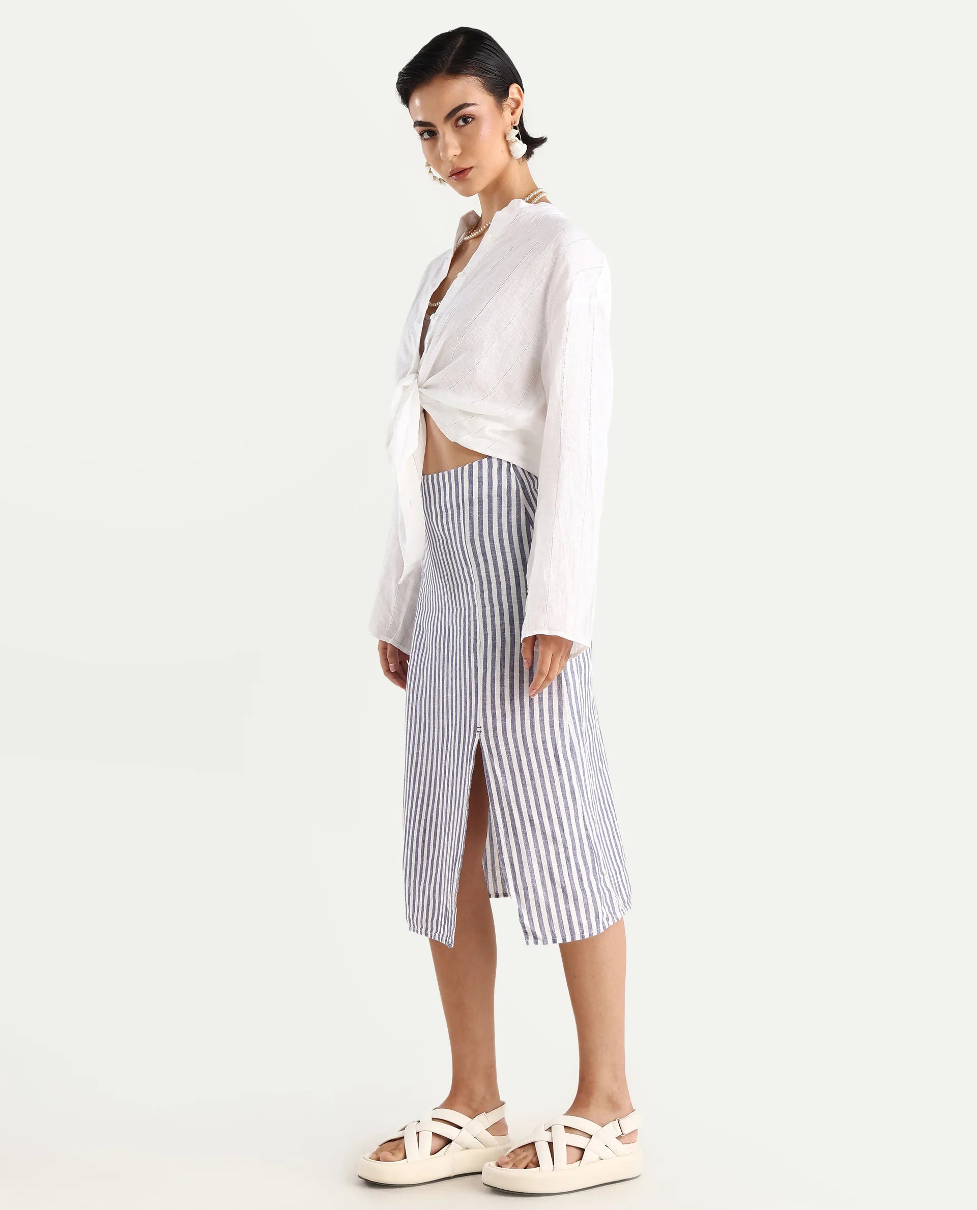 Rareism Women's Moonly Blue Linen Striped Midi Slim Fit Skirt