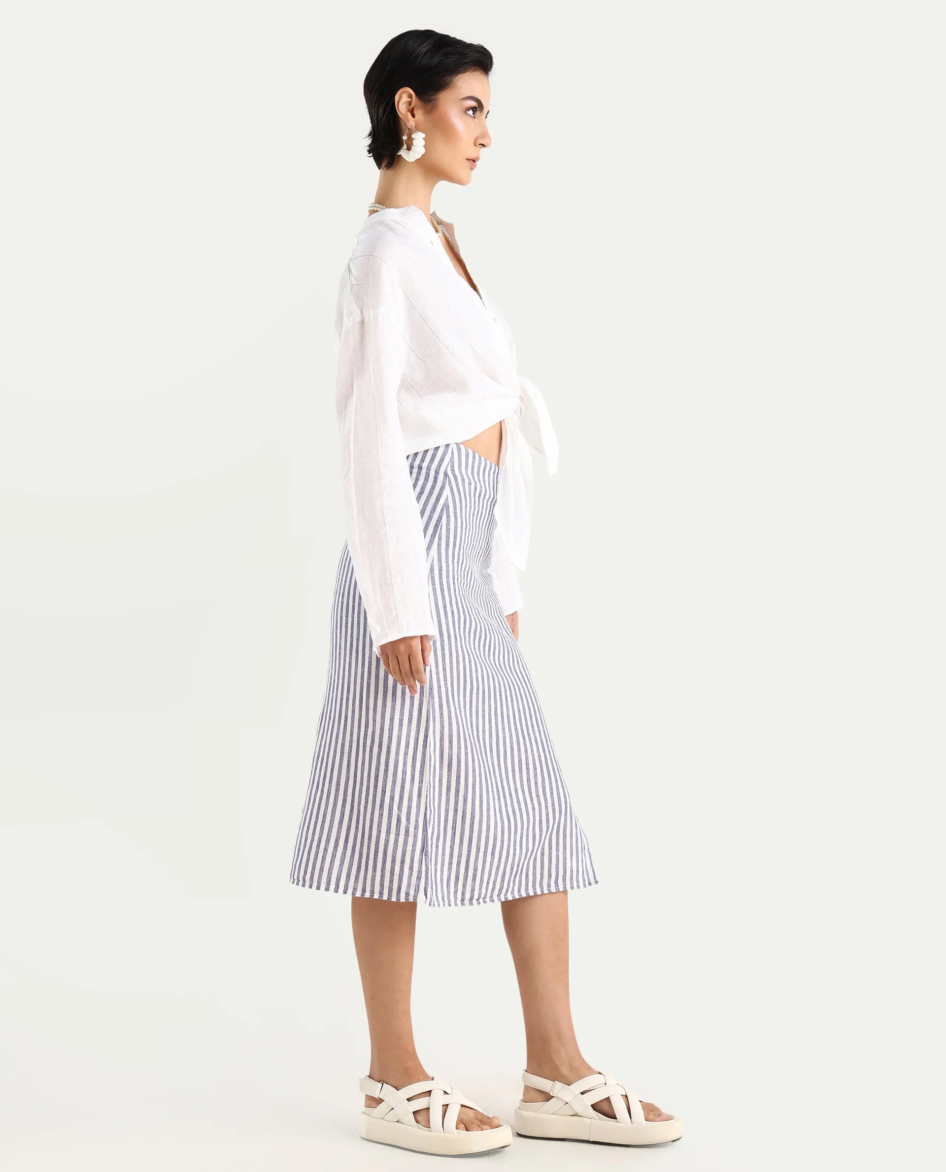 Rareism Women's Moonly Blue Linen Striped Midi Slim Fit Skirt