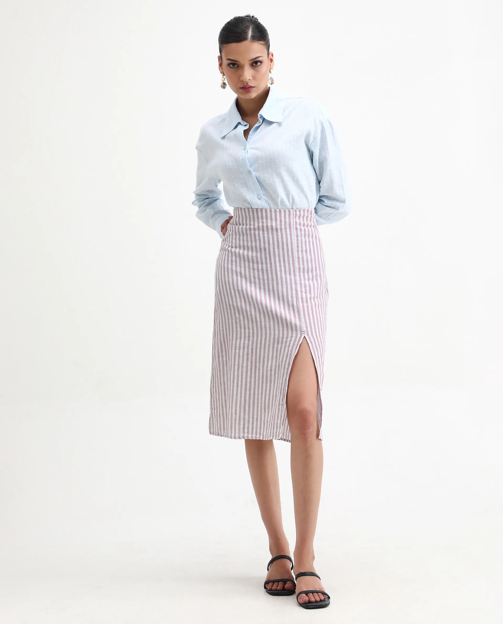 Rareism Women's Moonly Lilac Linen Striped Midi Slim Fit Skirt