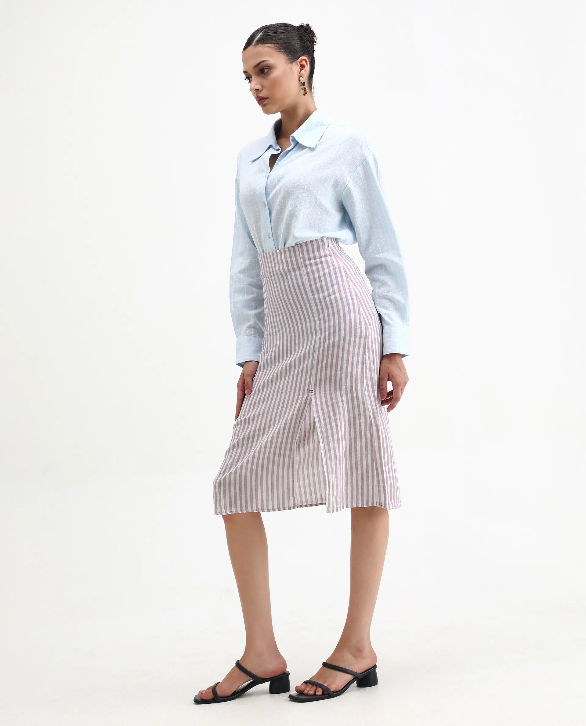 Rareism Women's Moonly Lilac Linen Striped Midi Slim Fit Skirt