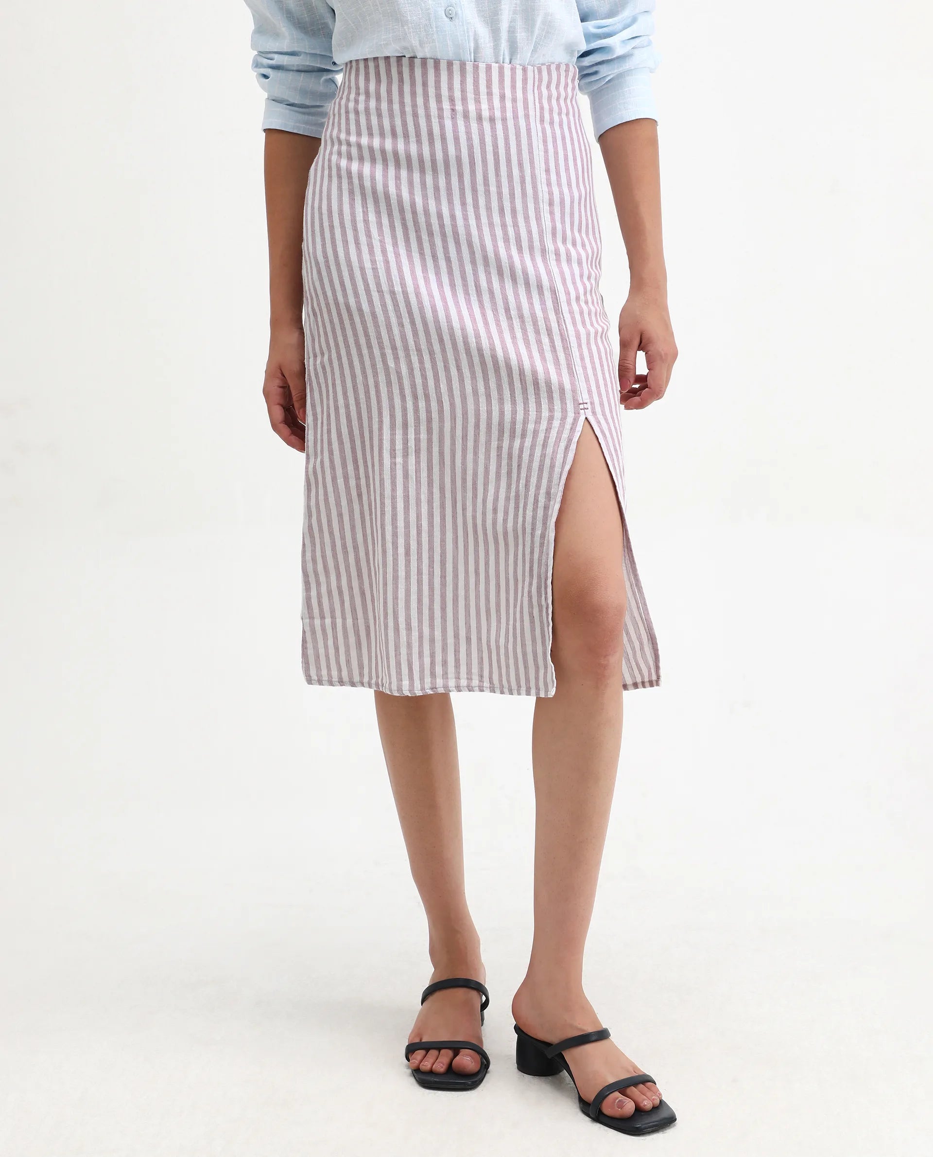 Rareism Women's Moonly Lilac Linen Striped Midi Slim Fit Skirt