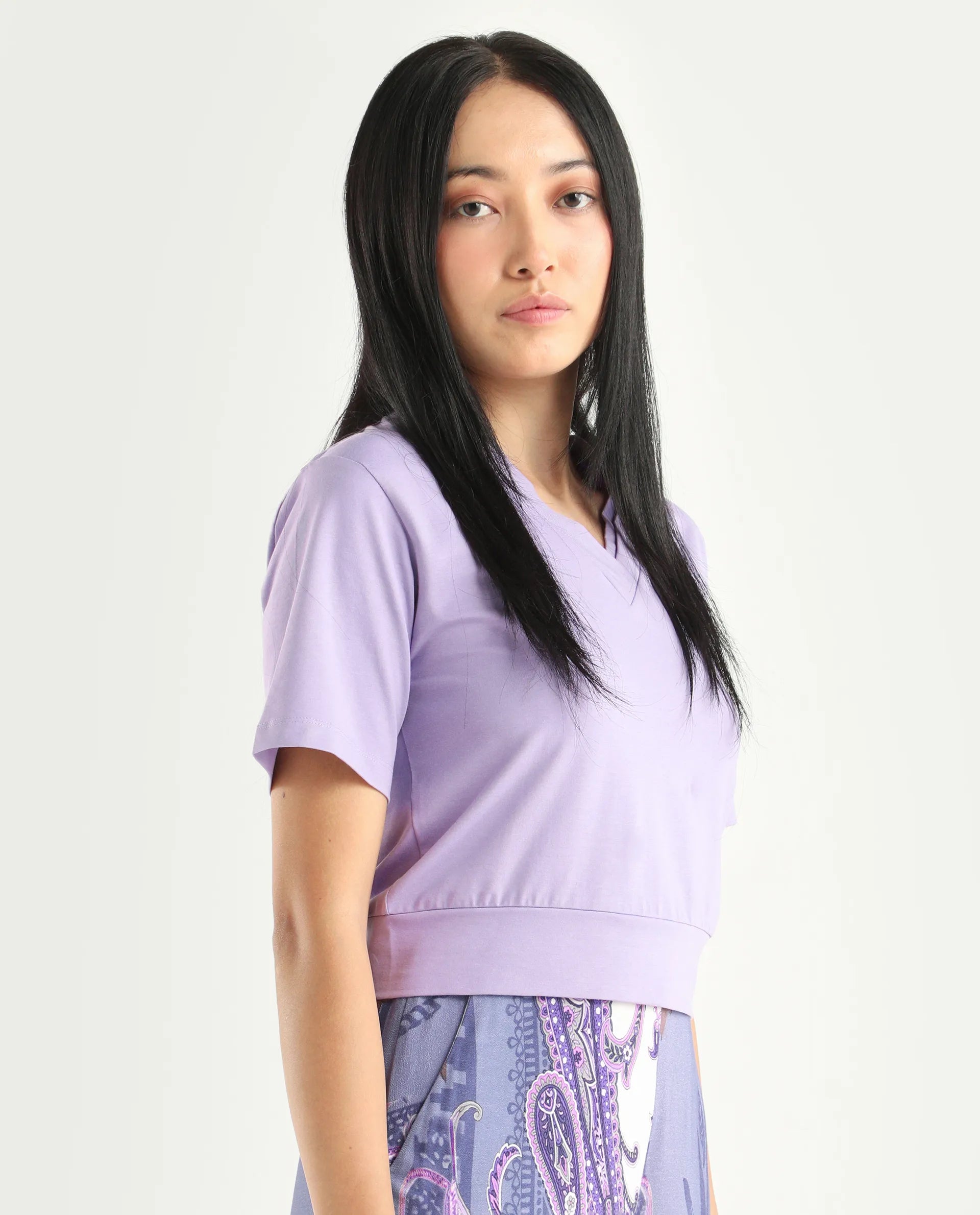 Rareism Women's Moonray Light Purple Knit V-Neck Plain Regular Fit Top