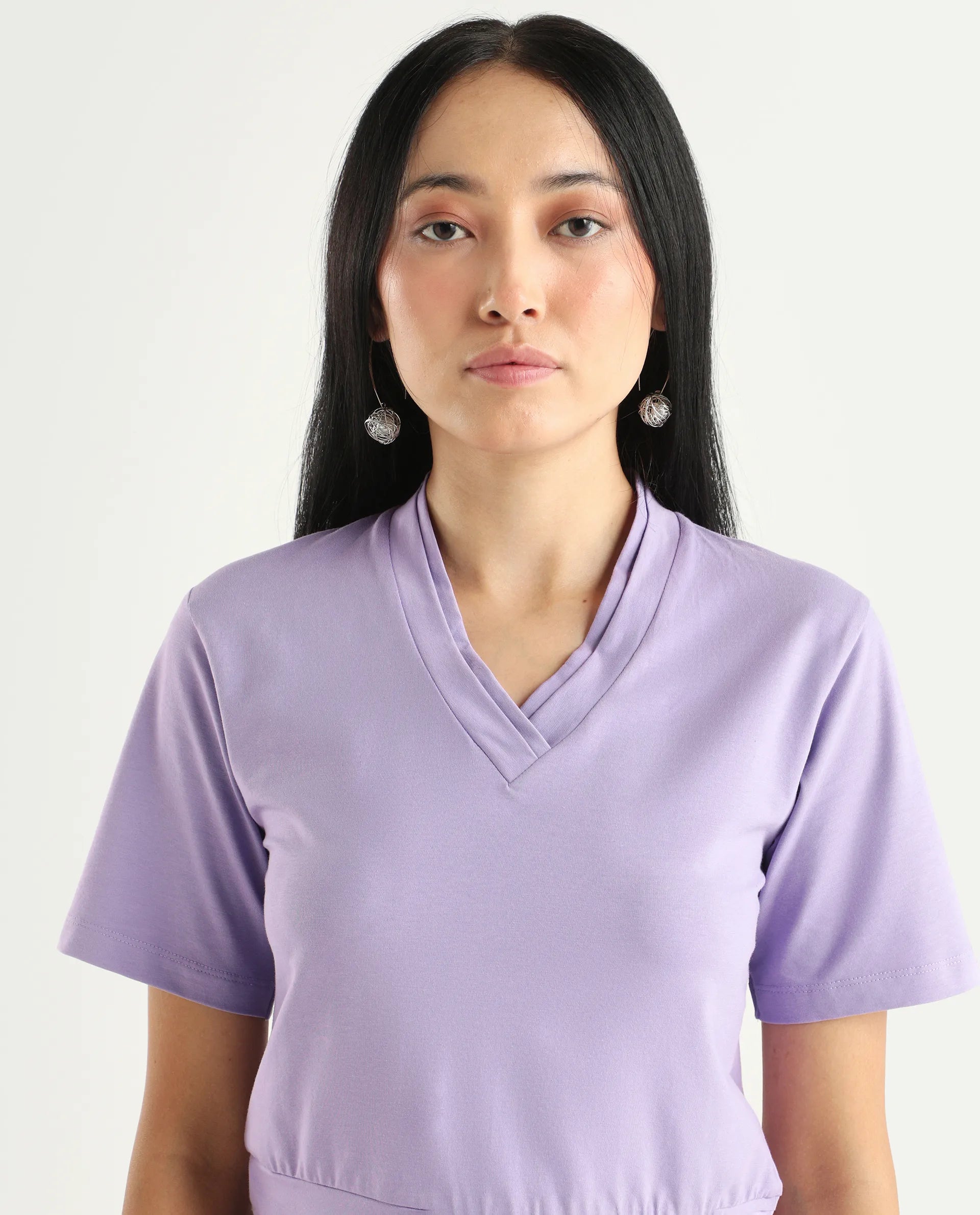 Rareism Women's Moonray Light Purple Knit V-Neck Plain Regular Fit Top
