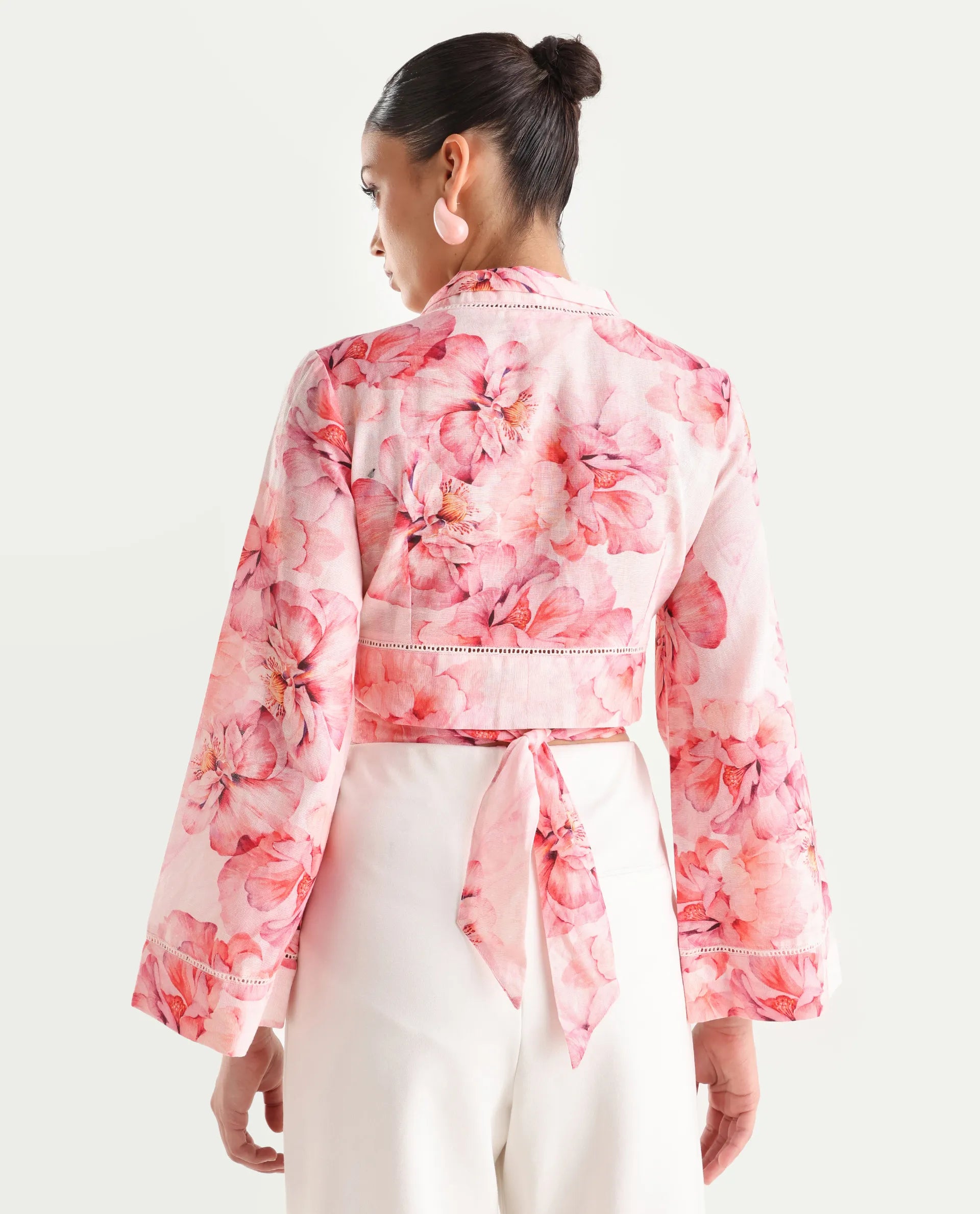 Rareism Women's Moral Pink Cotton Blend Shawl Collar Floral Print Bell Sleeve Crop Regular Fit Shrug